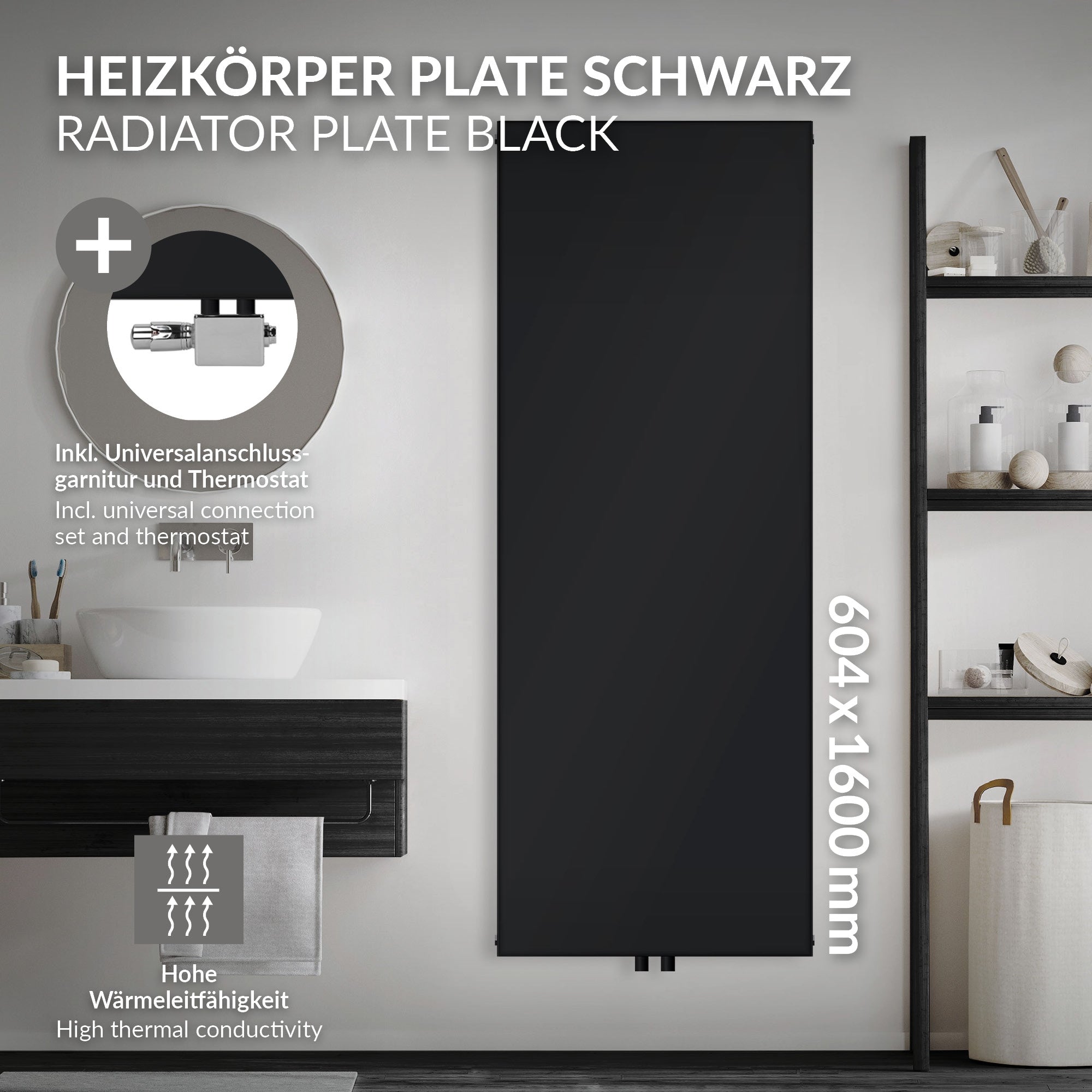 Černá topná deska o rozměrech 604x1600 mm v koupelně.