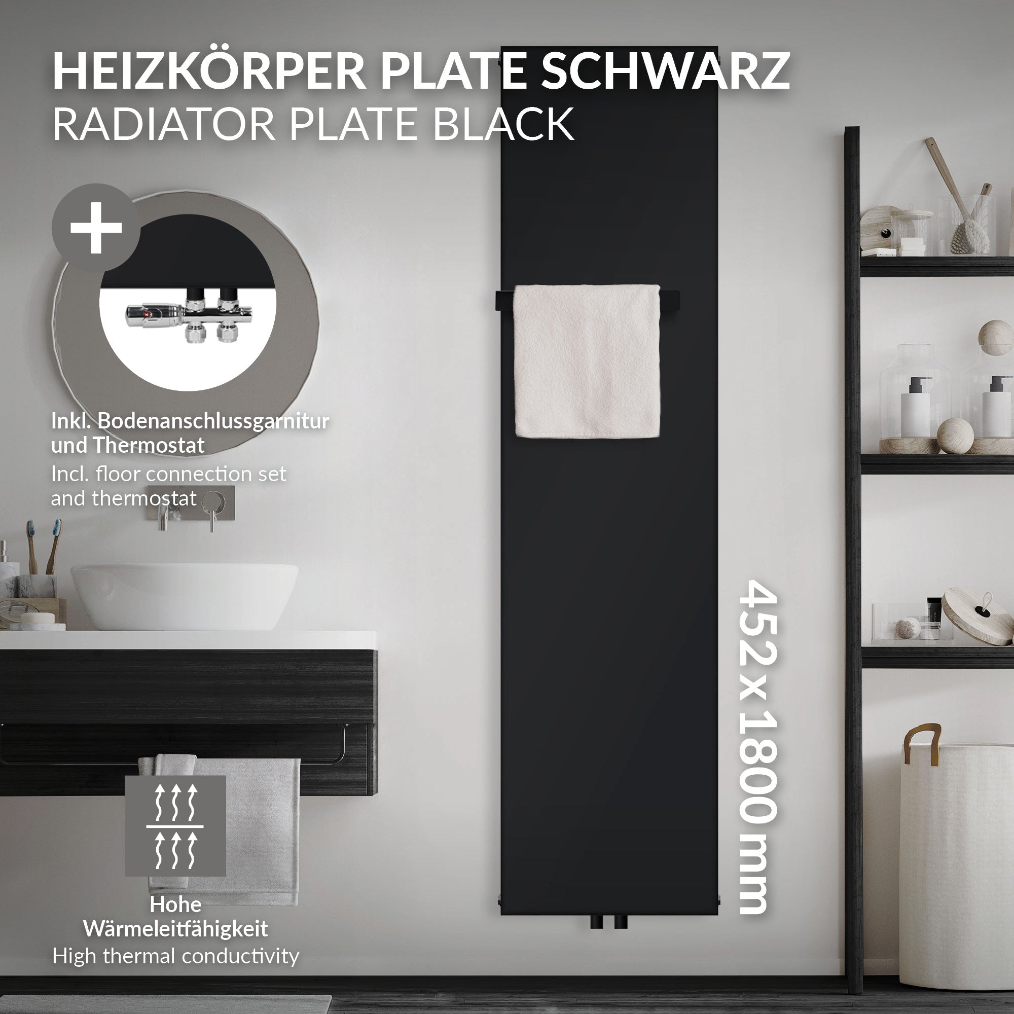 Placa de radiador negra con toallero, 452x1800 mm.