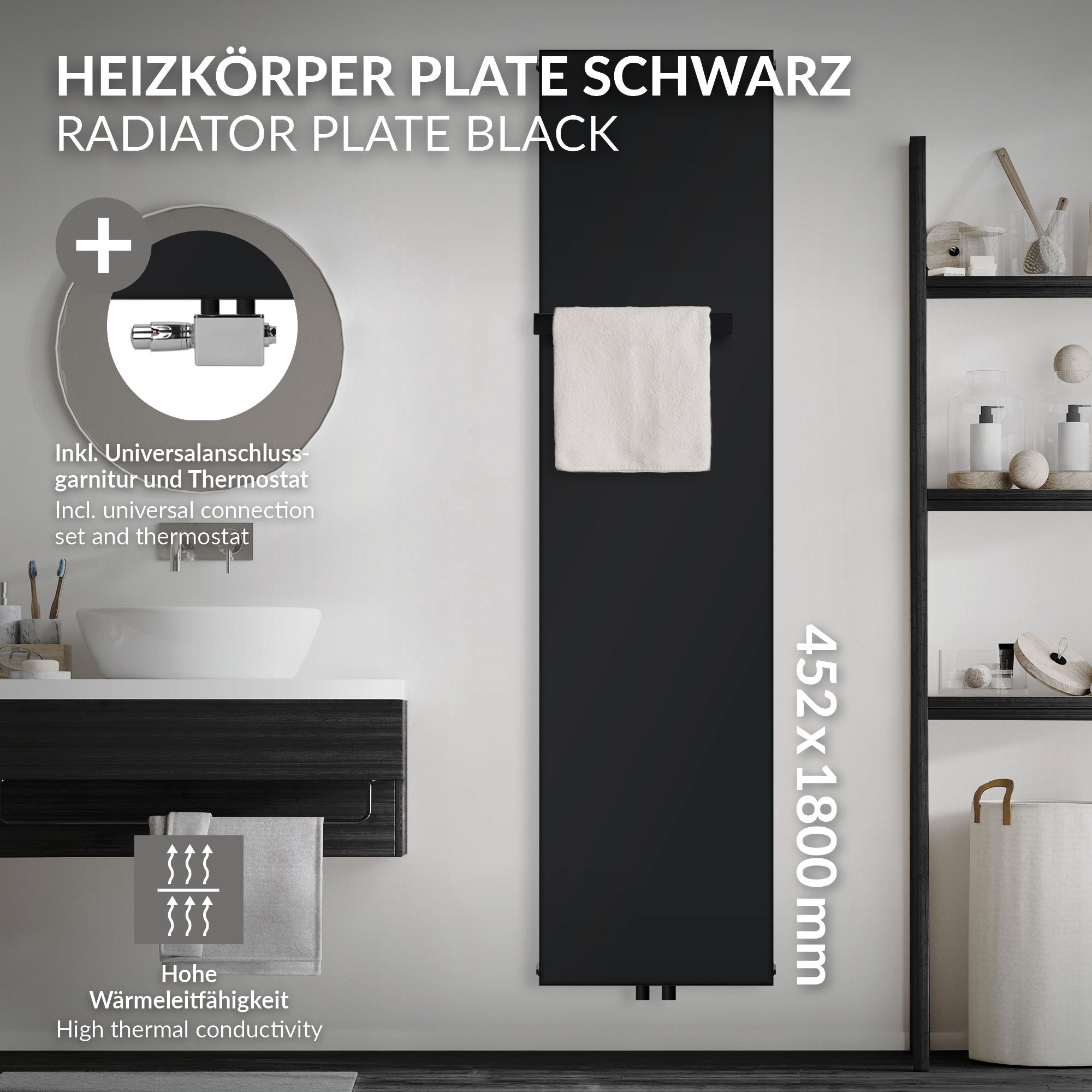 Placa de radiador negra con soporte para toalla en un baño.