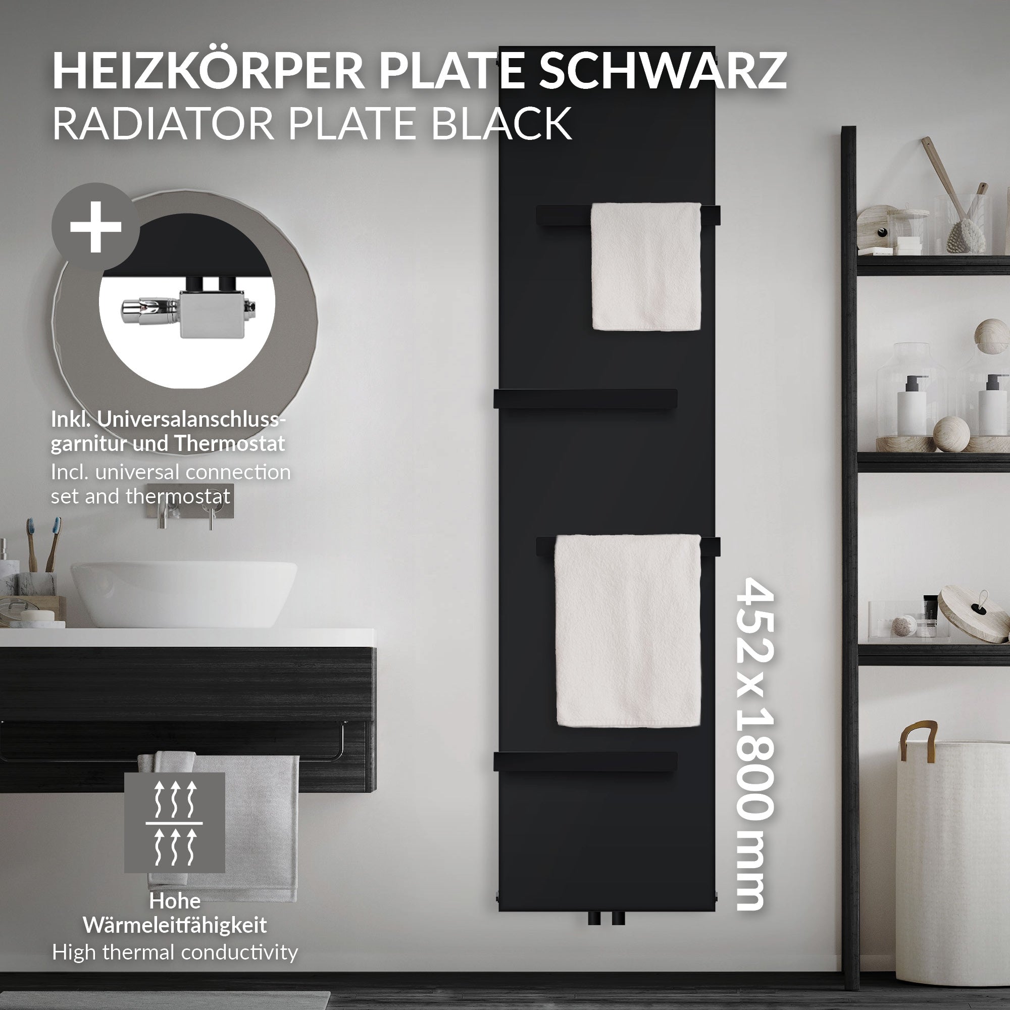 Radiador negro con dimensiones de 452x1800 mm en el baño.