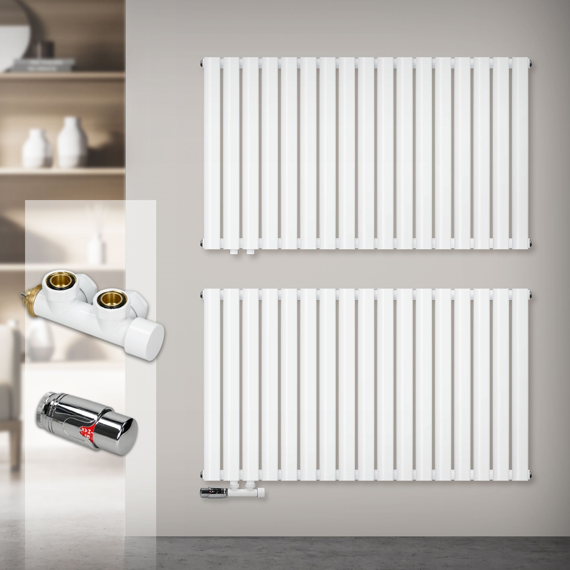 Two white radiators on a wall, below valves.
