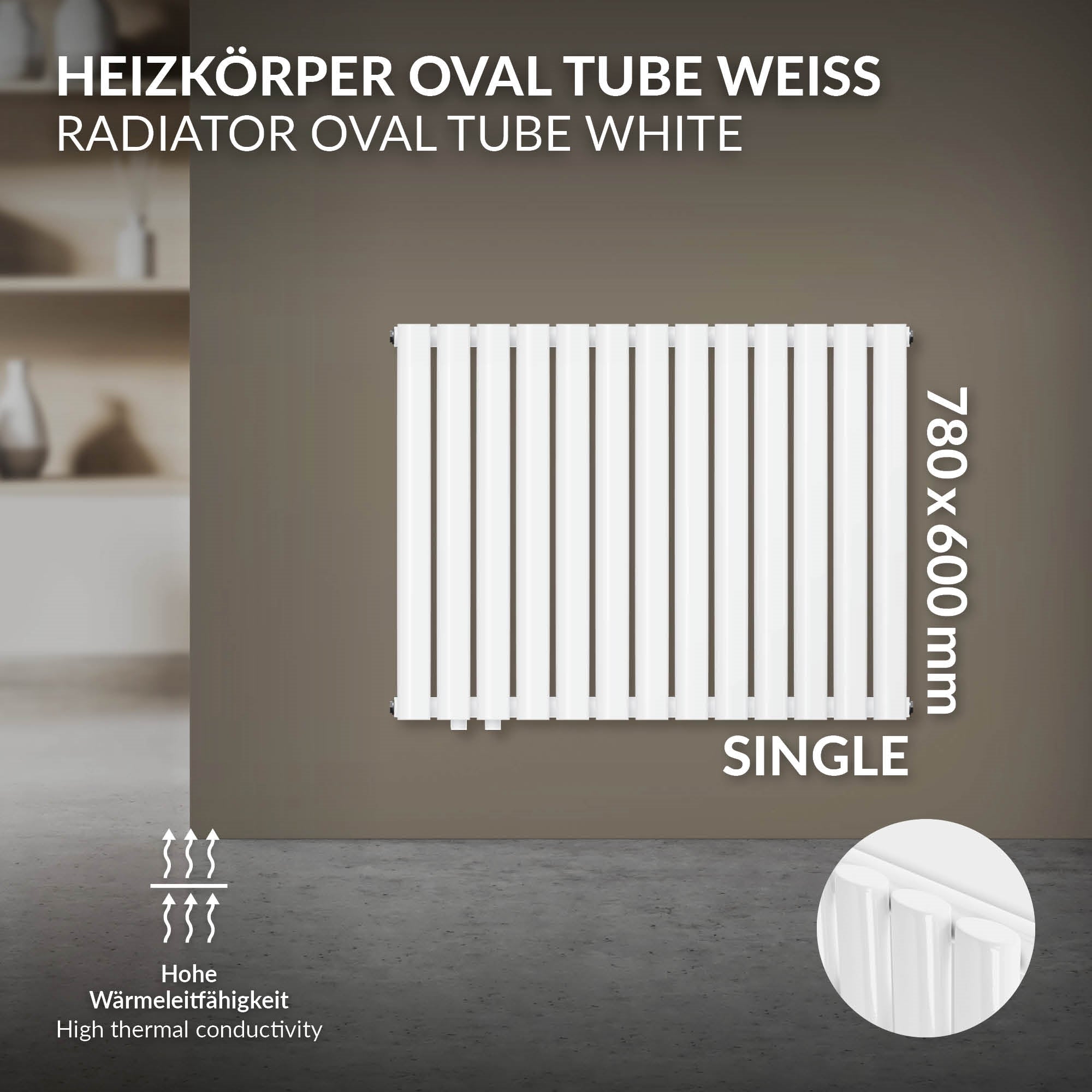 Weißer Heizkörper mit Angaben zur Wärmeleitfähigkeit, 780x600 mm.