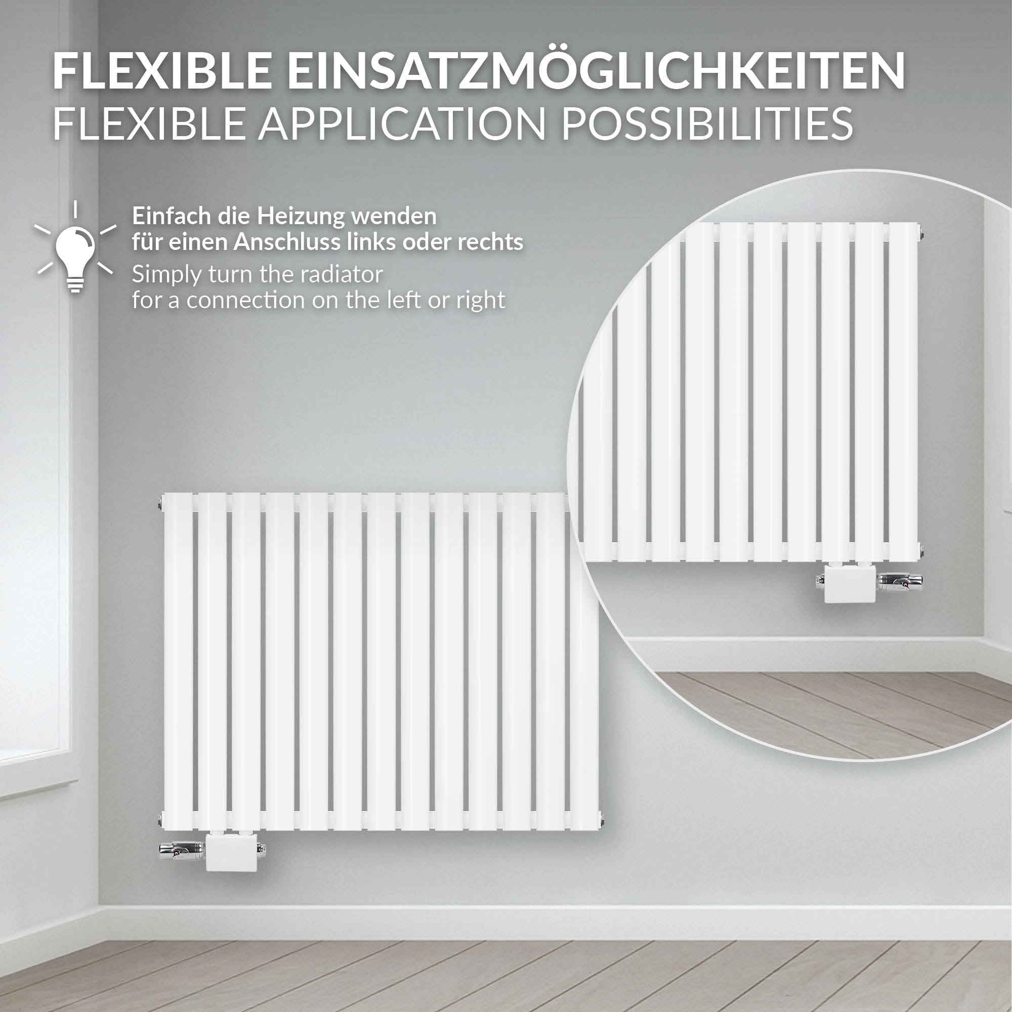 Heizkörper mit flexibler Anschlussmöglichkeit, weiß, 780x600 mm.
