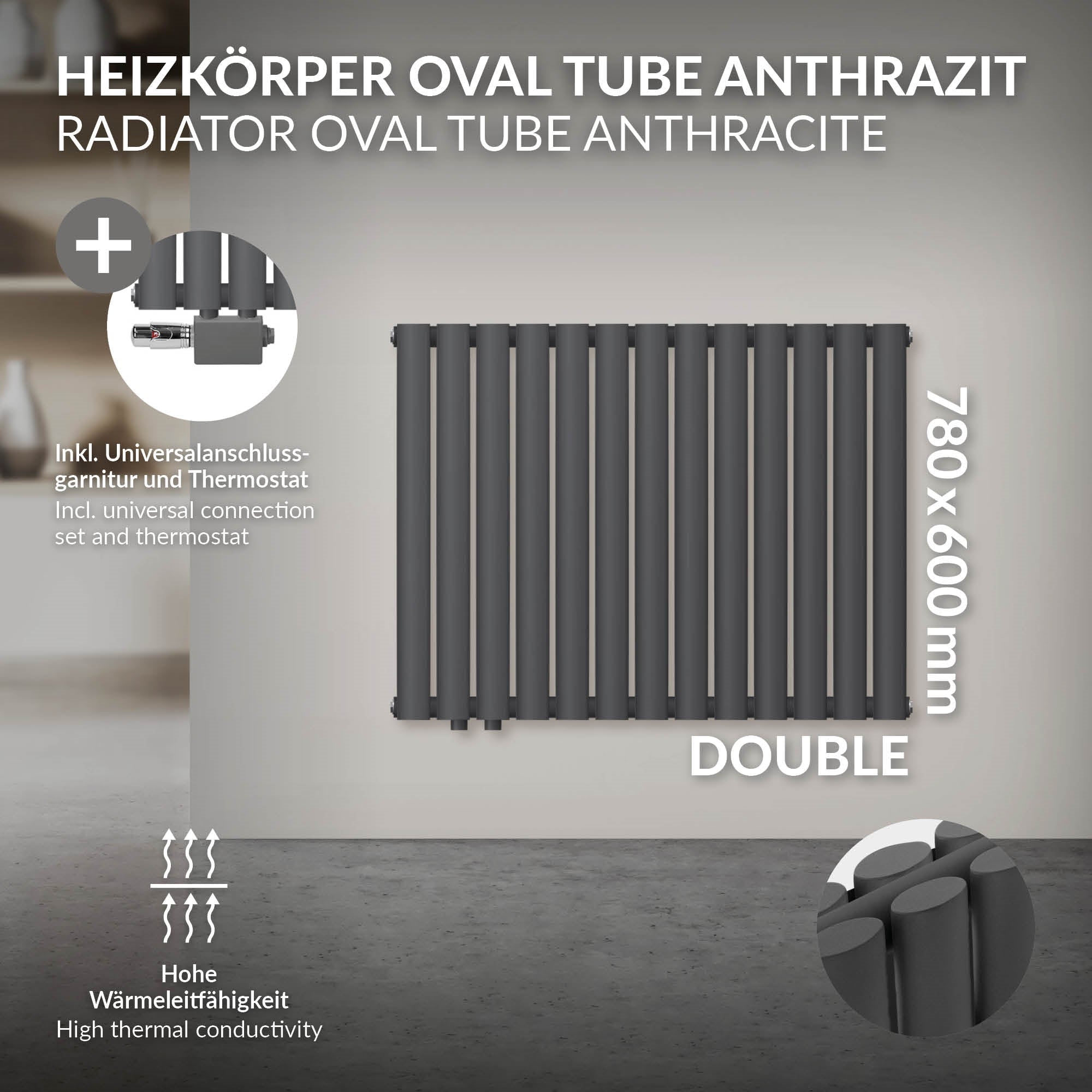 Grafik af en antracitfarvet radiator med tekniske detaljer.