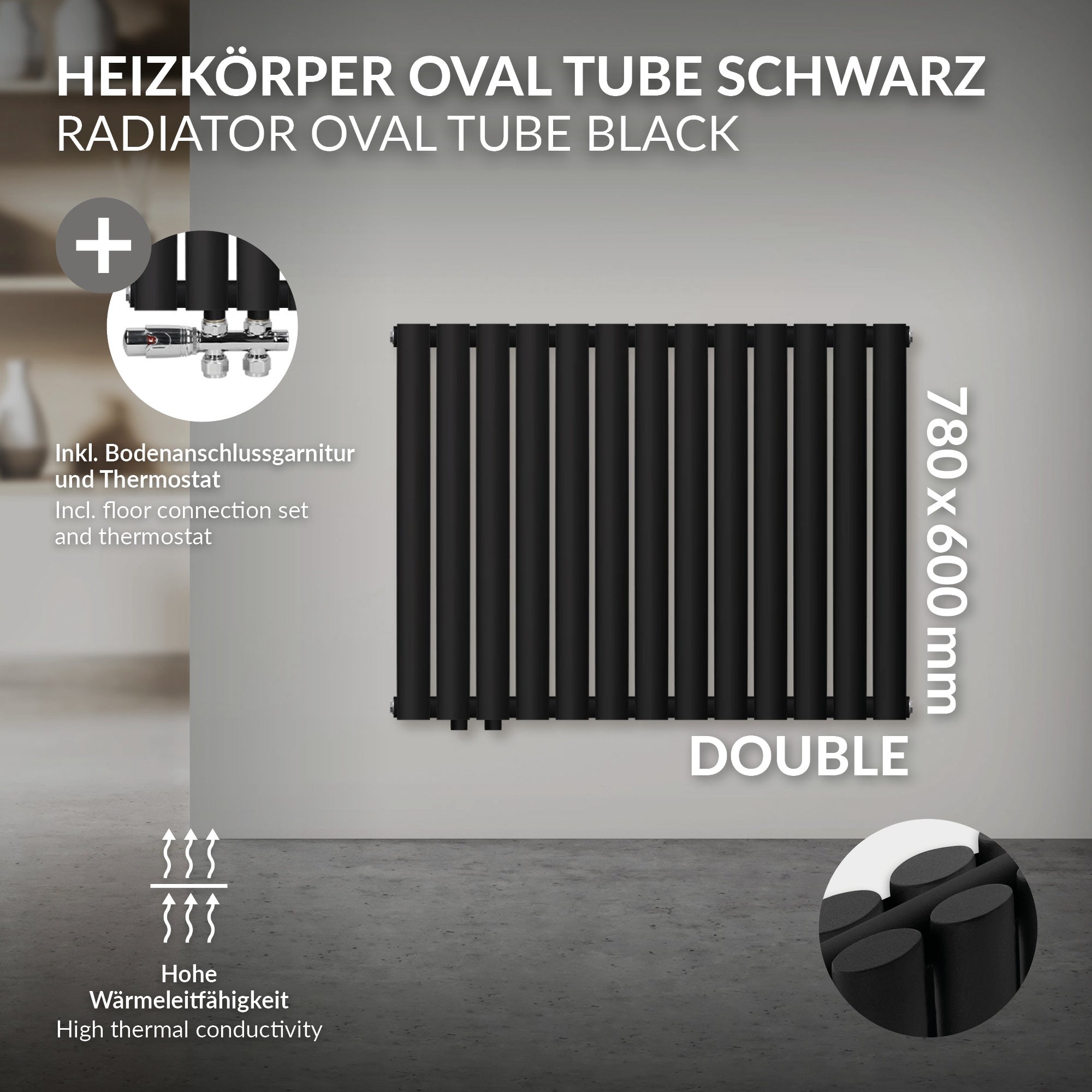 Sort radiator med ovale rør og sideforbindelse.