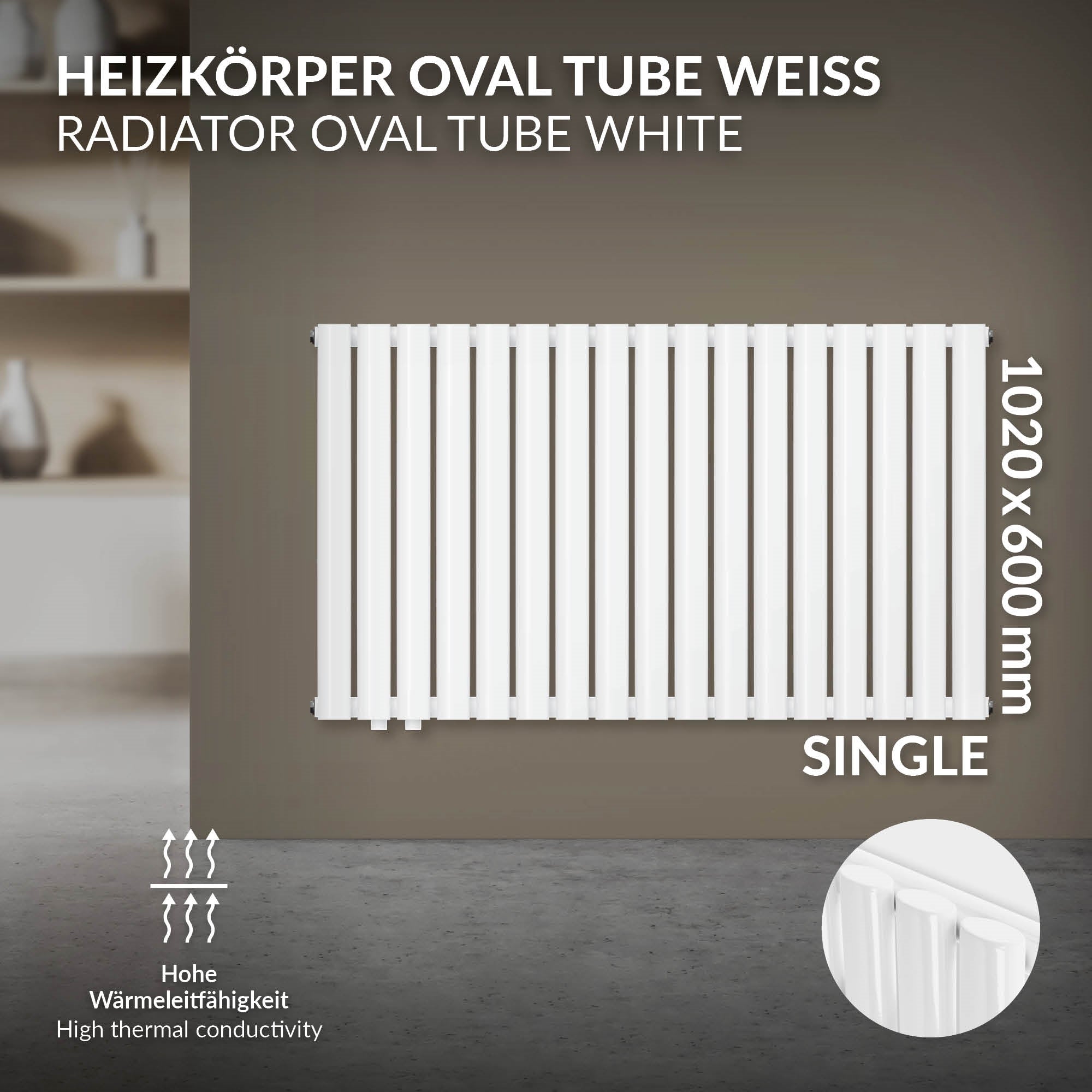 Bílý radiátor Oval Tube, 1020x600 mm, s vysokou tepelnou vodivostí.