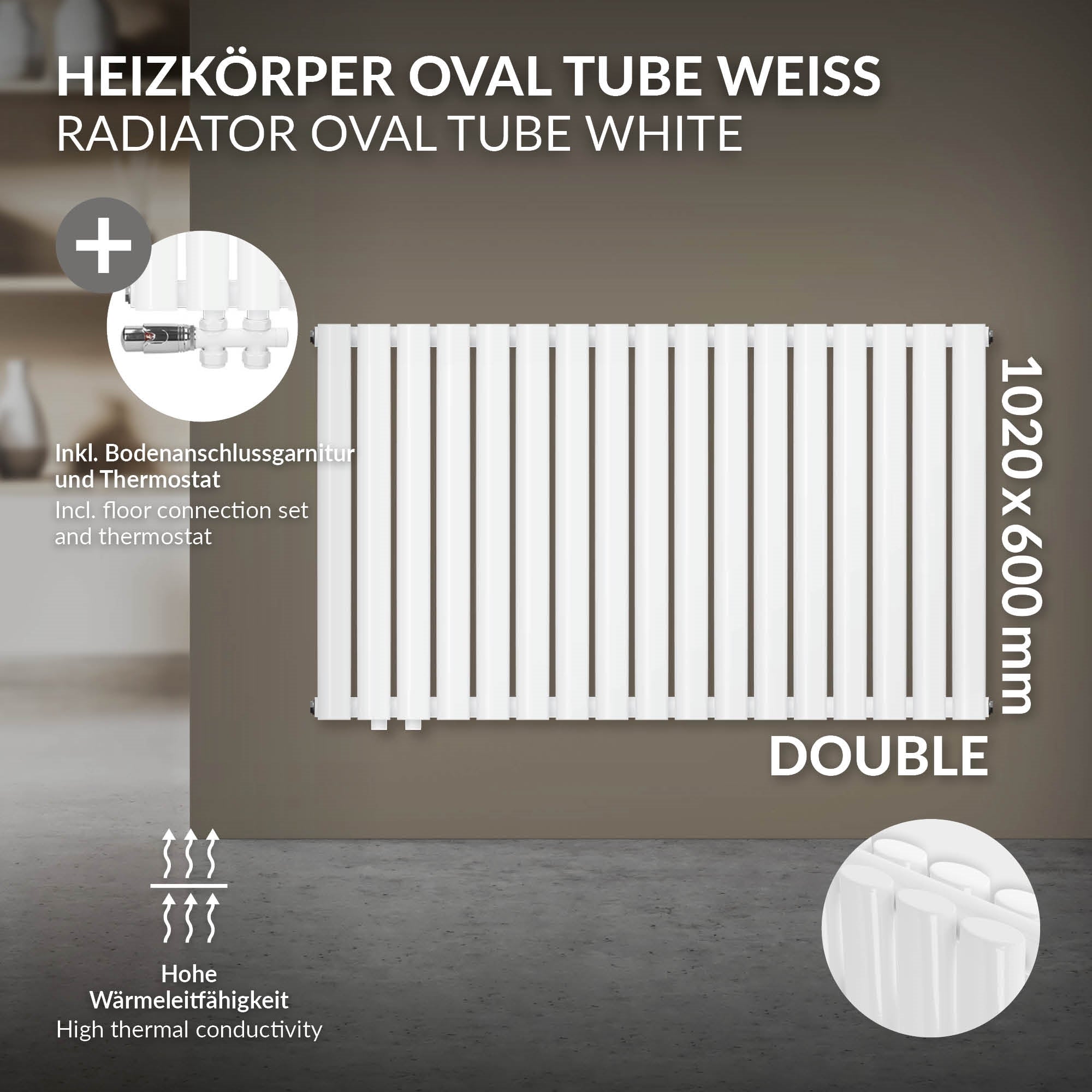 Weißer Heizkörper mit Abmessungen 1020x600 mm, doppelt.
