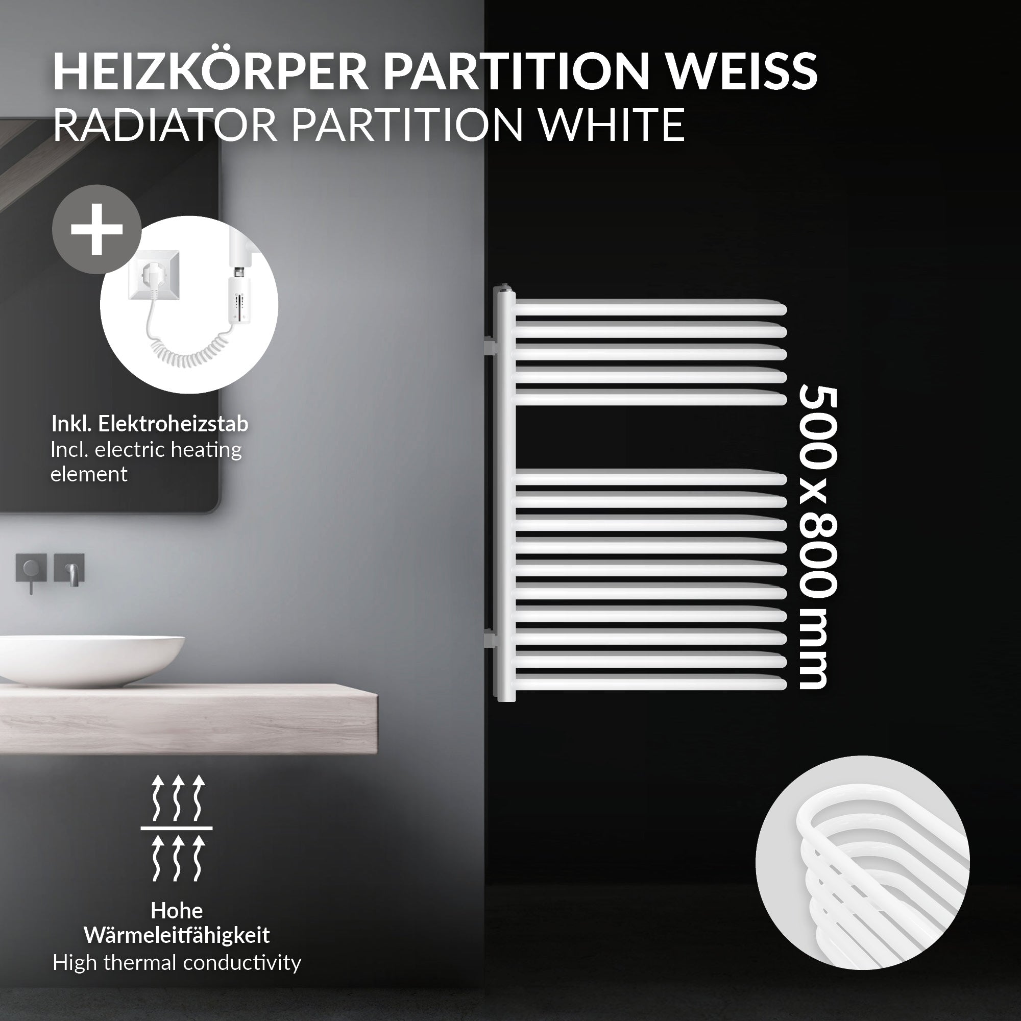 Varmelegeme-partition i hvid, 500x800 mm, med elektrisk varmeelement.