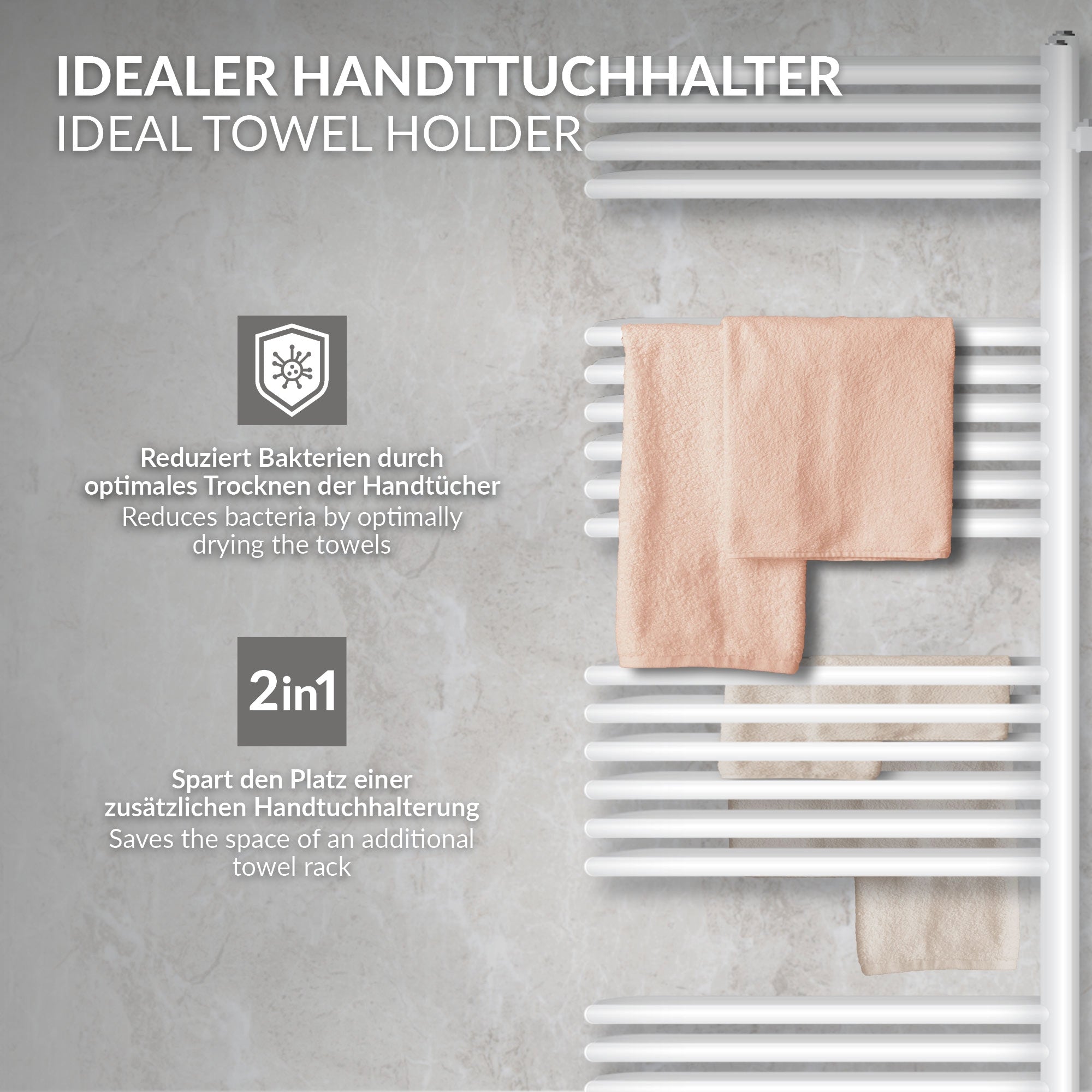 Un radiatore scaldasalviette bianco con due asciugamani in un bagno moderno.