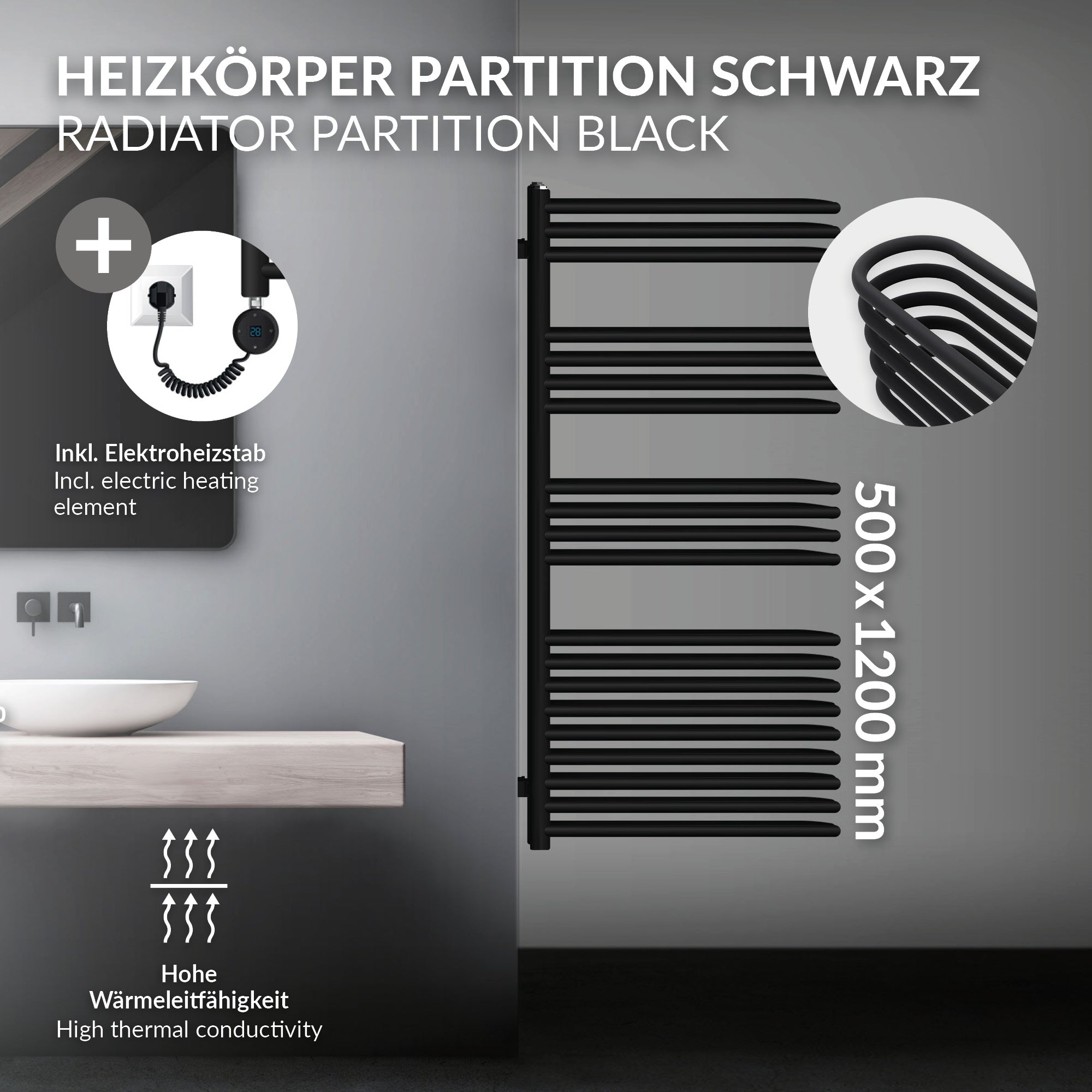 Schwarze Heizkörper-Partition mit mehreren horizontalen Röhren.