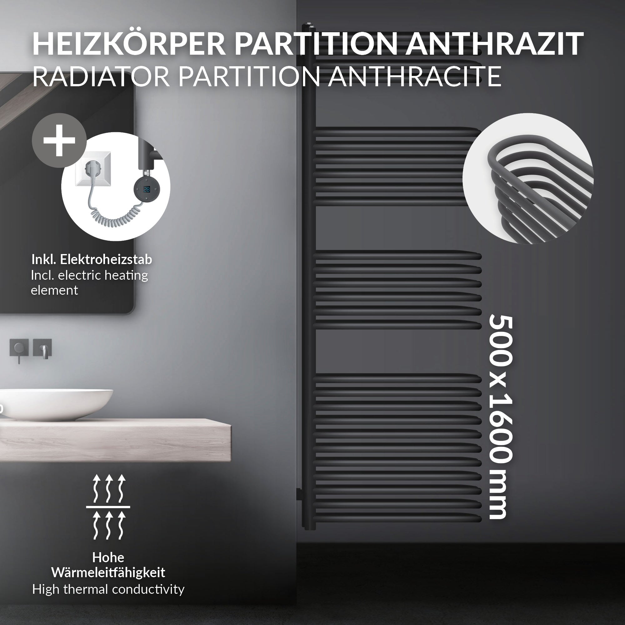 Partición de radiador en antracita con elemento calefactor eléctrico.