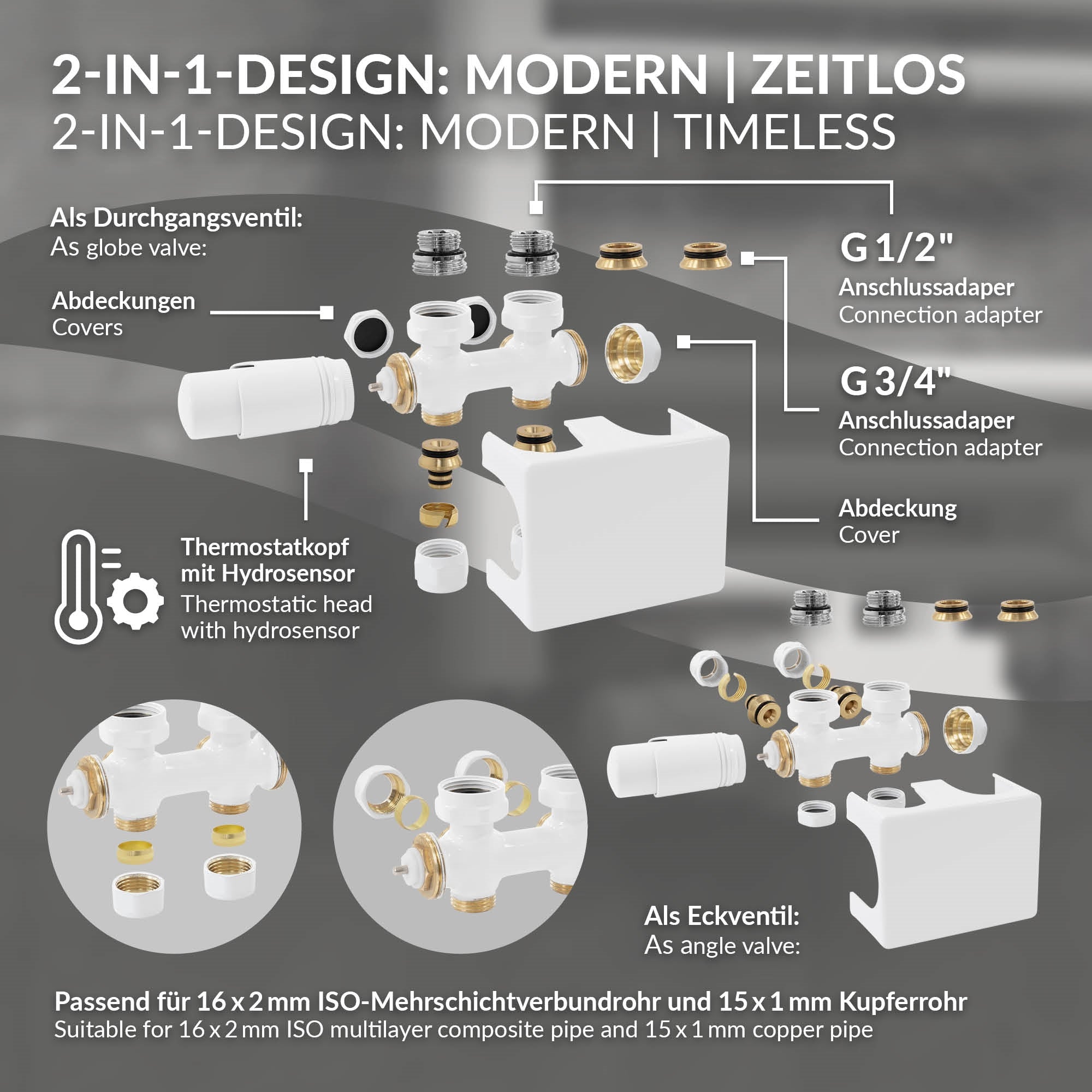 Grafik mit verschiedenen Komponenten eines 2-in-1-Designs für Sanitärinstallationen.