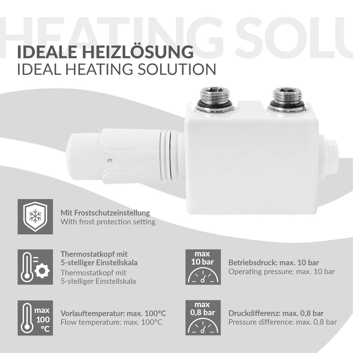 Weißes Universalventil mit Thermostat und Frostschutz.