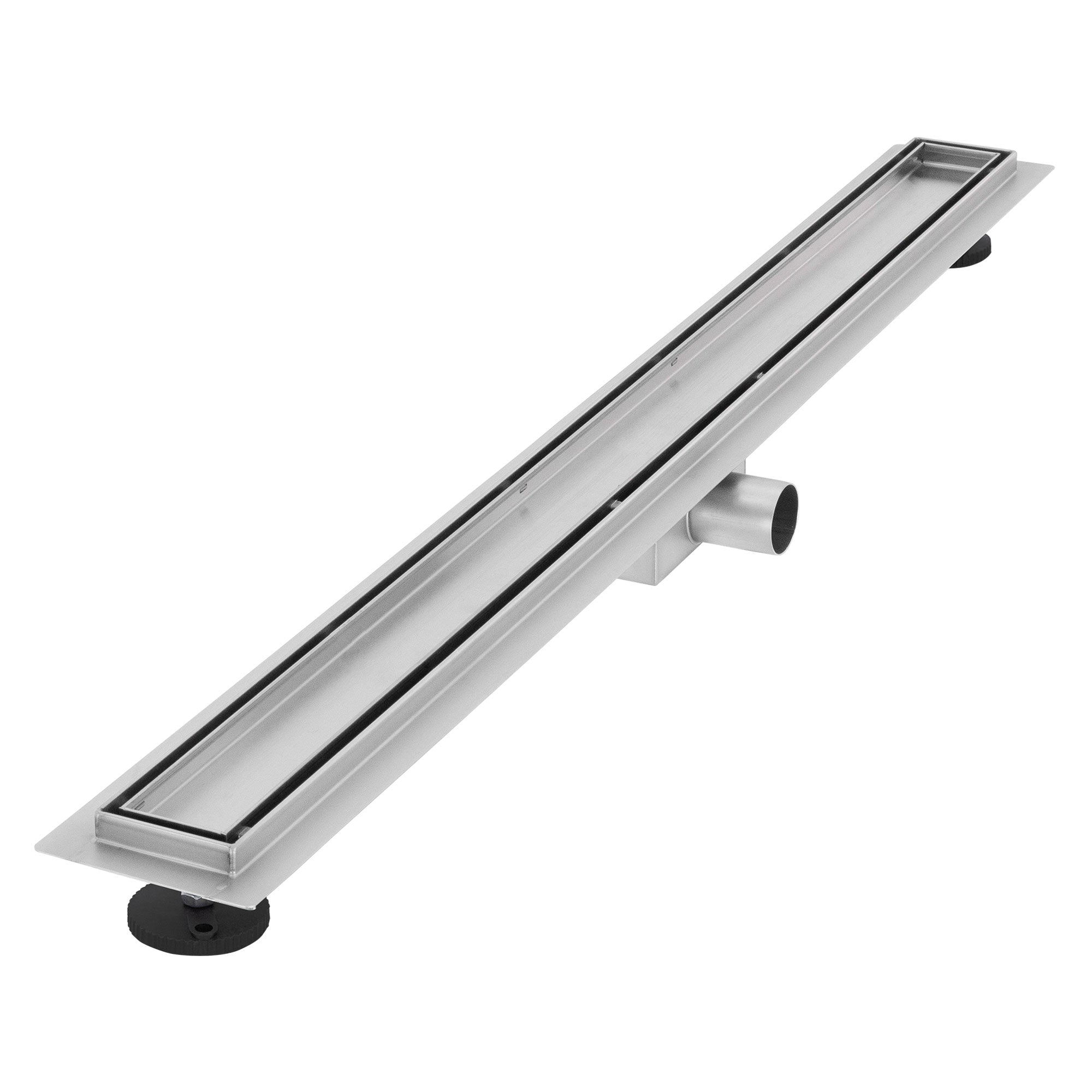 Scarico doccia lungo e stretto in acciaio inox con tubo di scarico.