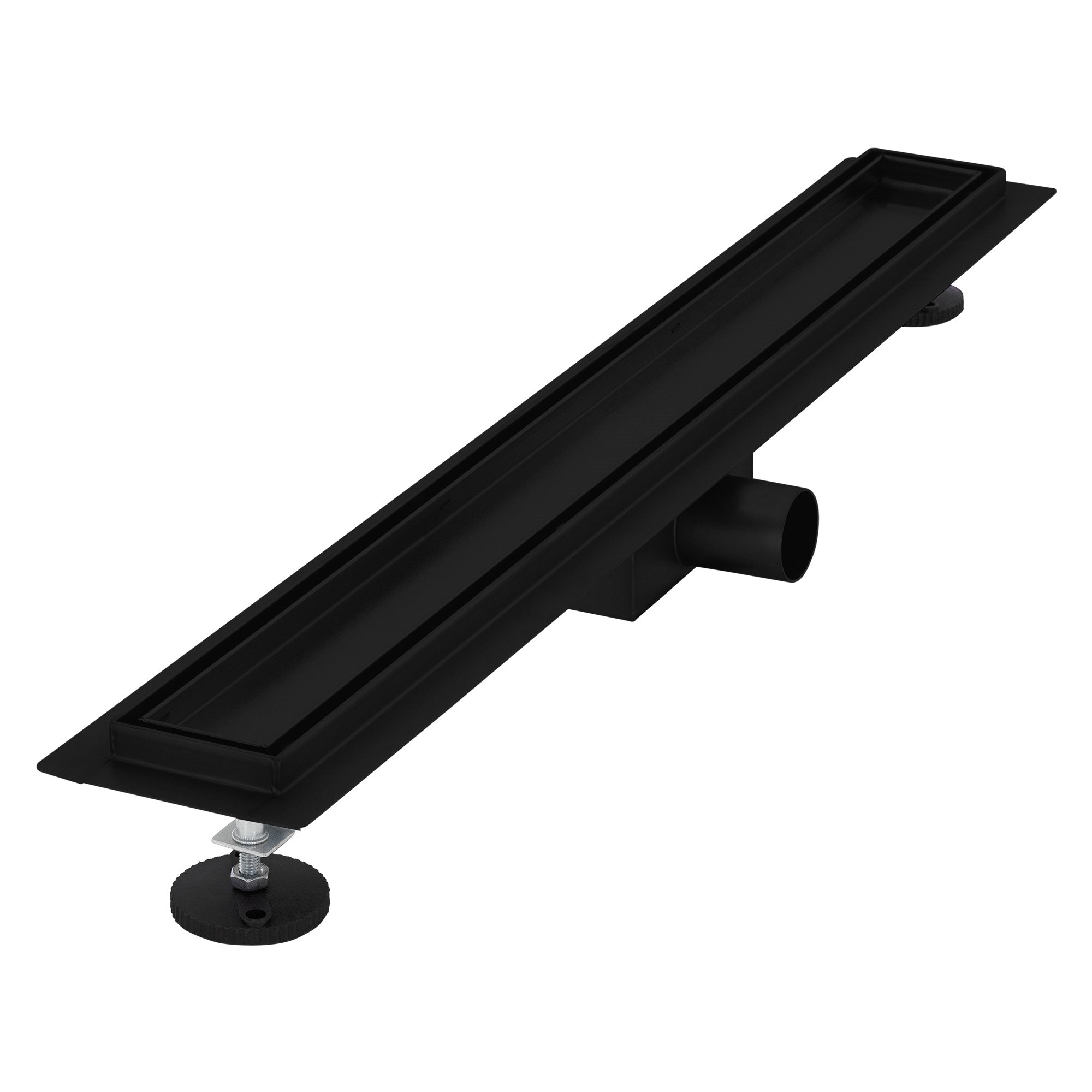 Canal d'évacuation noir avec supports, sur fond blanc.