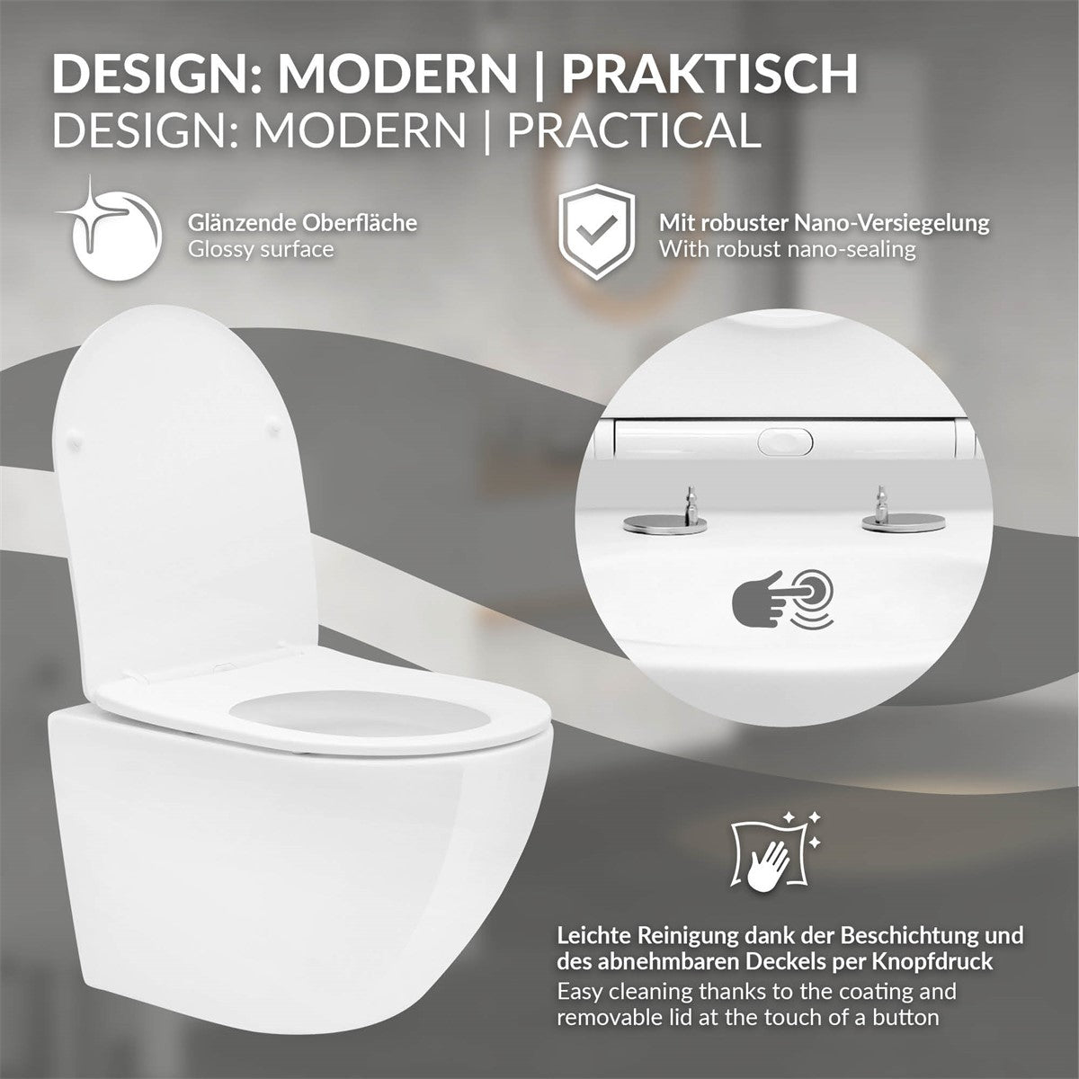 Wand-WC mit glänzender Oberfläche und robustem Nano-Versiegelung.