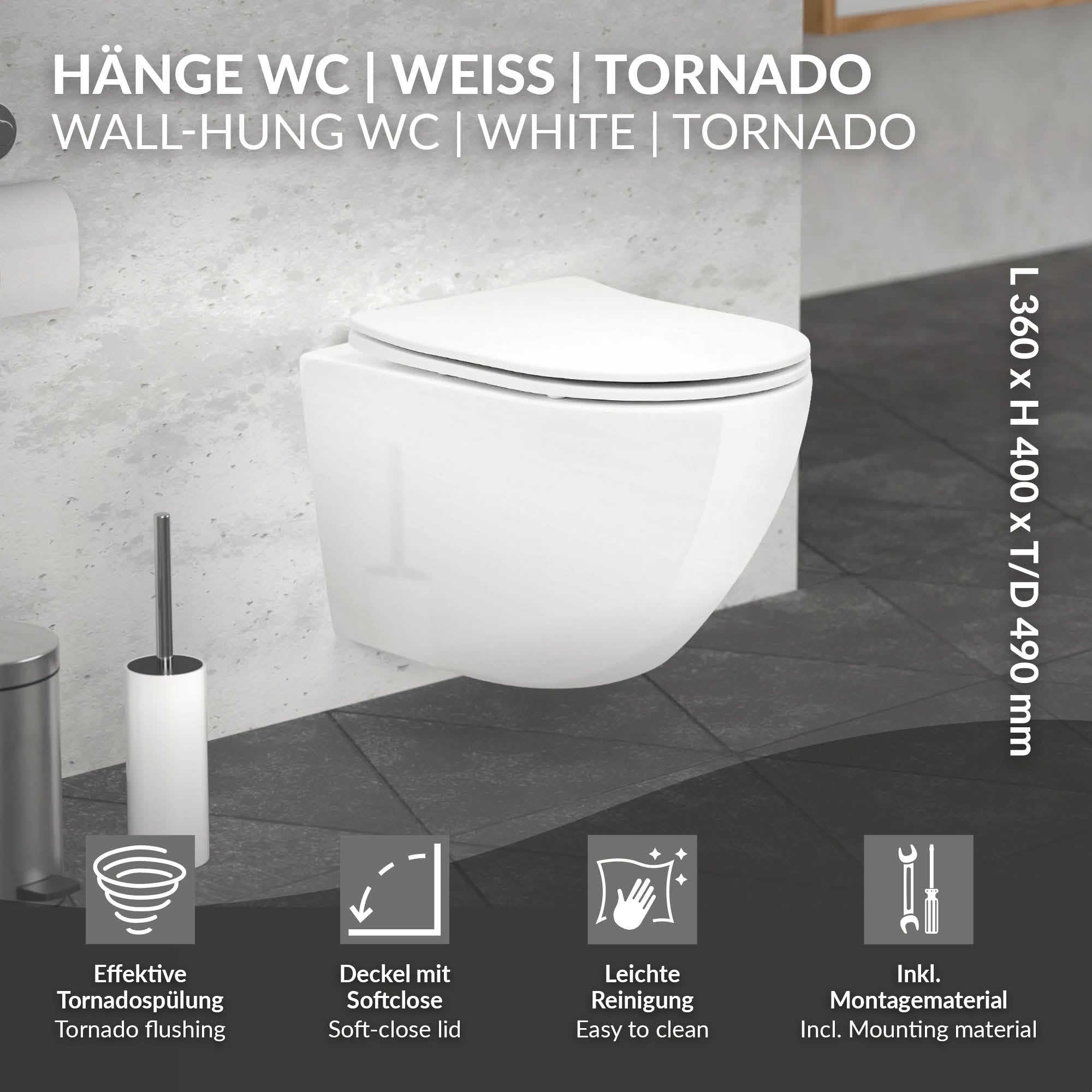 WC a parete bianco con coperchio Soft-Close e accessori per il montaggio.