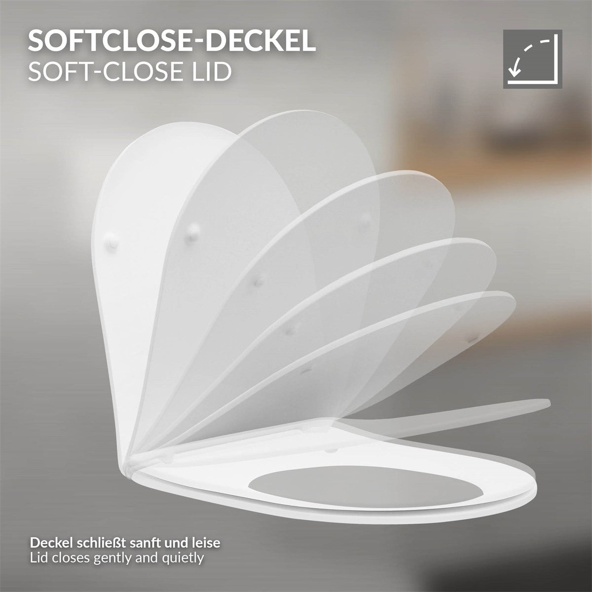 Weißer Toilettendeckel, der sanft und leise schließt.