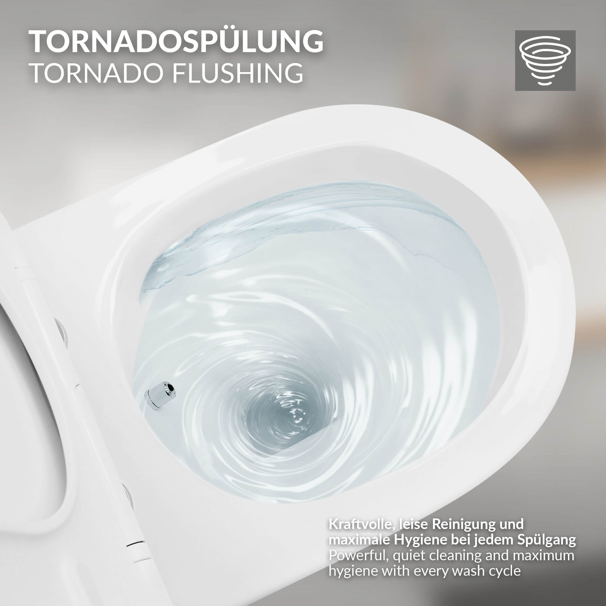Tazón de inodoro con descarga de tornados que muestra remolinos de agua.