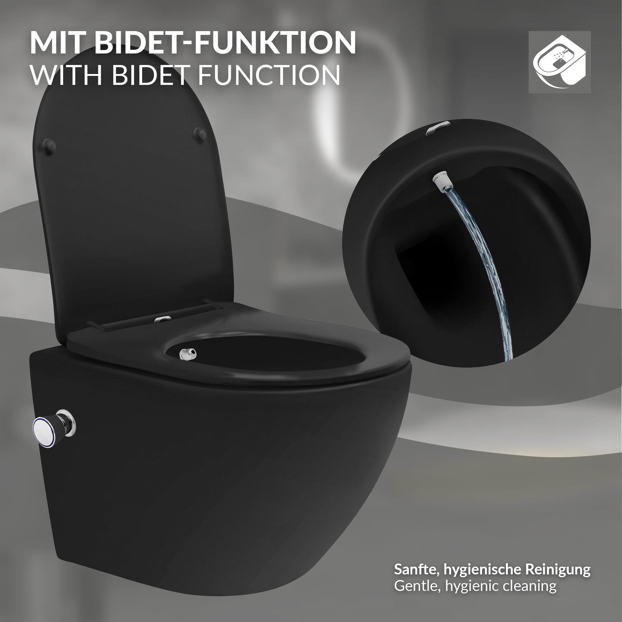 Schwarze Toilette mit Bidet-Funktion und Wasseranschluss auf grauem Hintergrund.