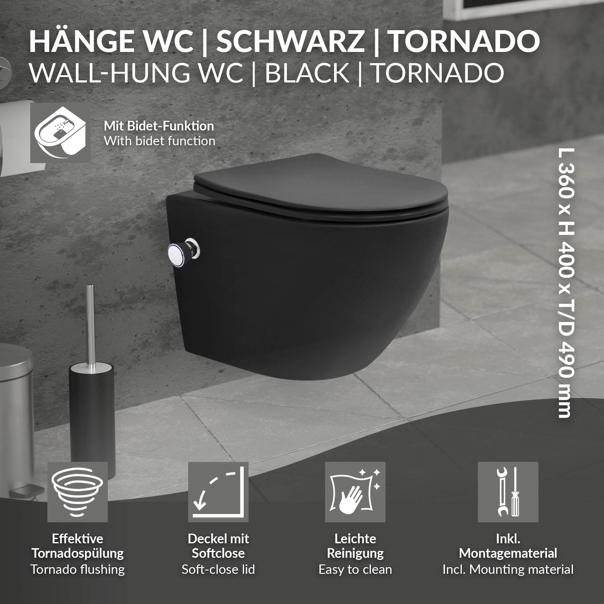 WC a parete nero con funzione bidet e pulsante per lo scarico.