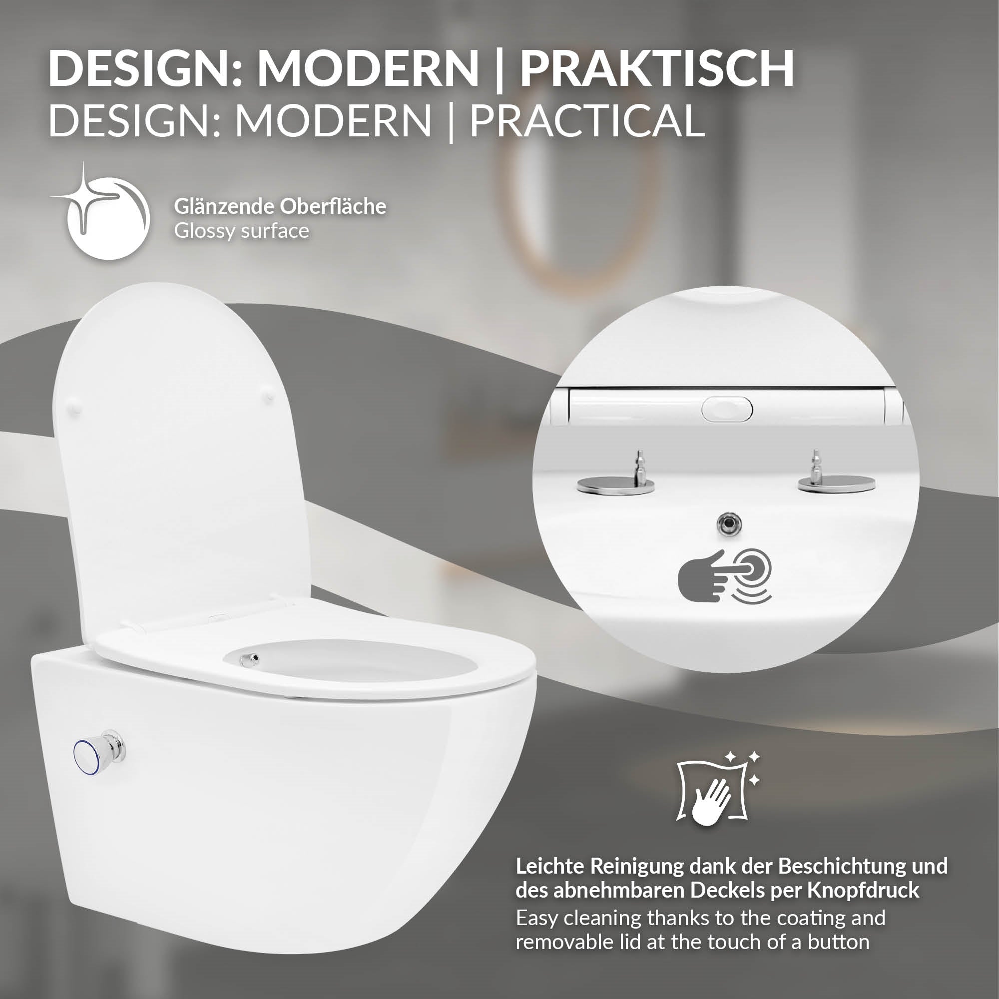 Grafika egy modern WC-ről fényes felülettel és gombbal.