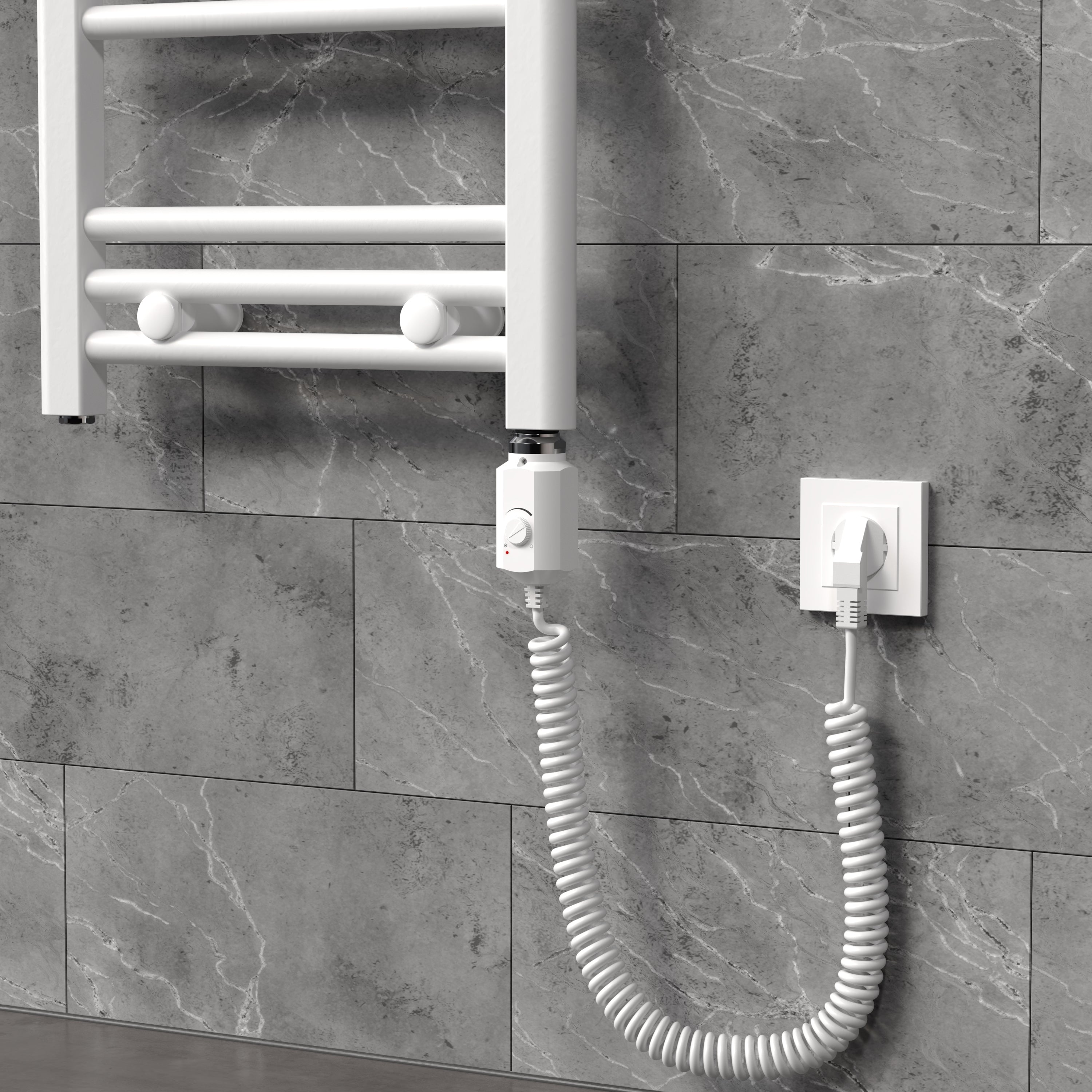 Radiador de pared con tubo calefactor y enchufe en un entorno gris.