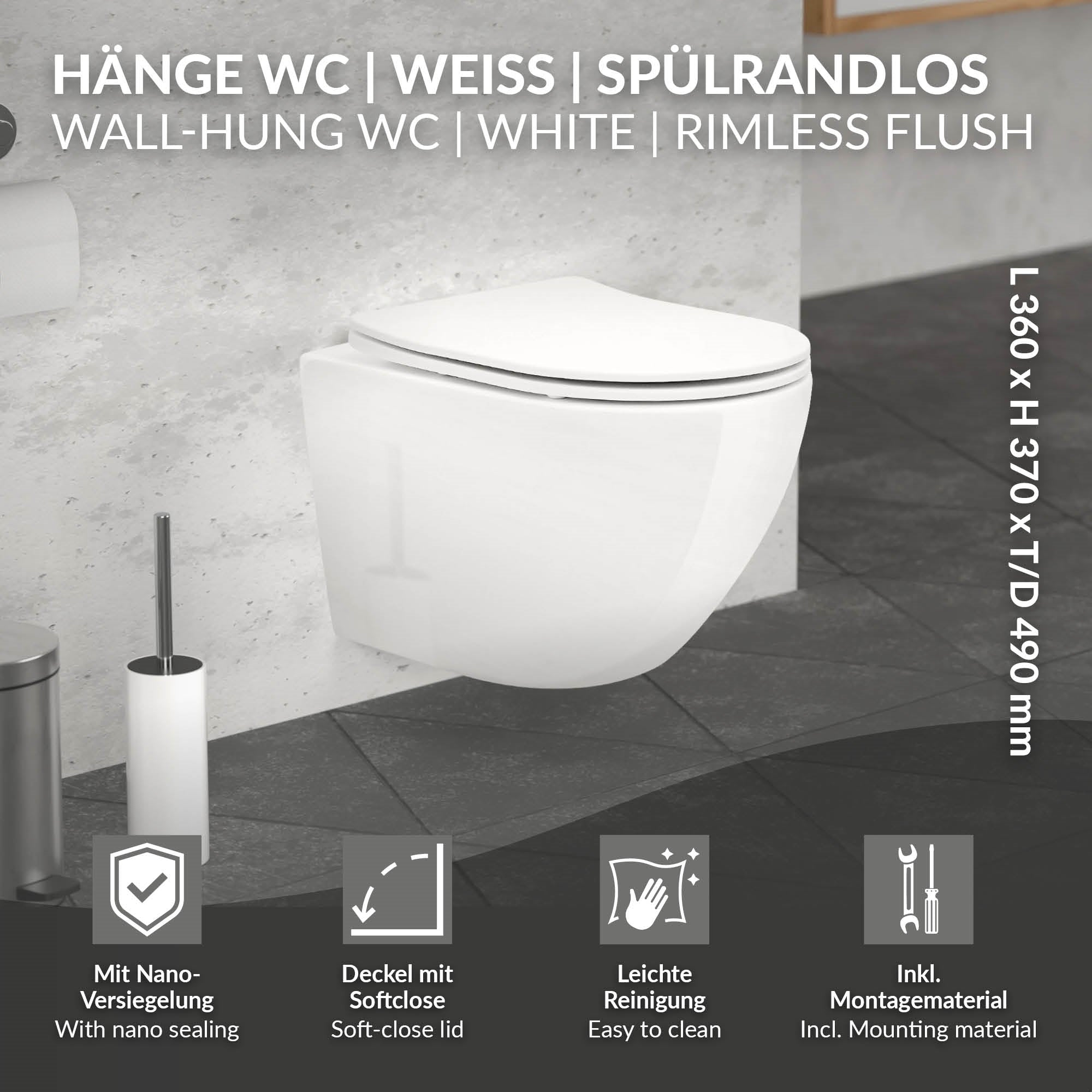 WC sospeso bianco, senza bordo di scarico, con trattamento nano e superficie facile da pulire.