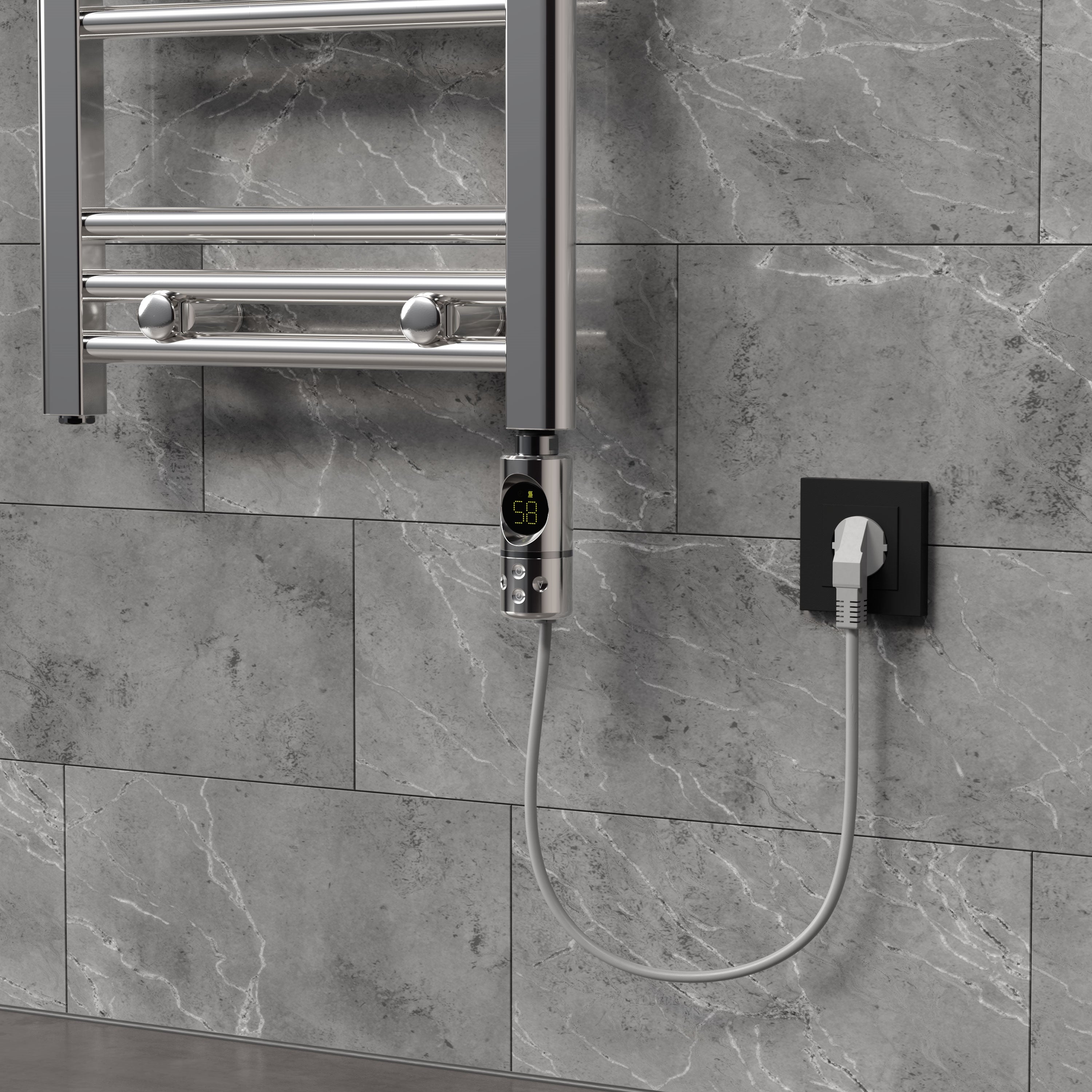 A towel warmer made of stainless steel on a gray wall.