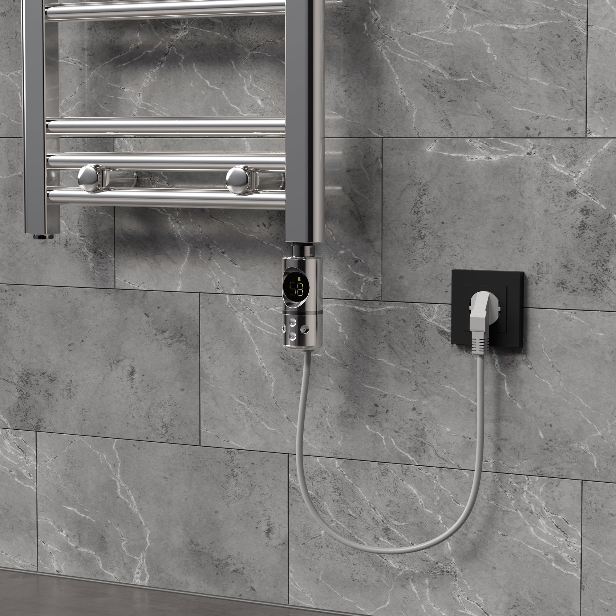 Heating rod mounted on a wall with cable connection.