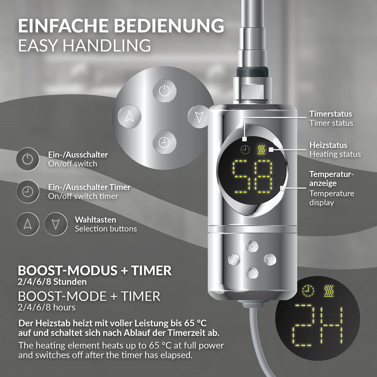 Anleitung zur Bedienung eines Heizgeräts mit Timer und Temperatu