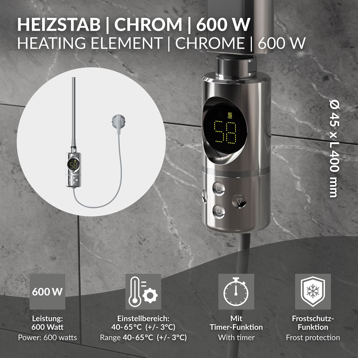 Heizstab in Chrom mit digitaler Anzeige und Bedienelementen.