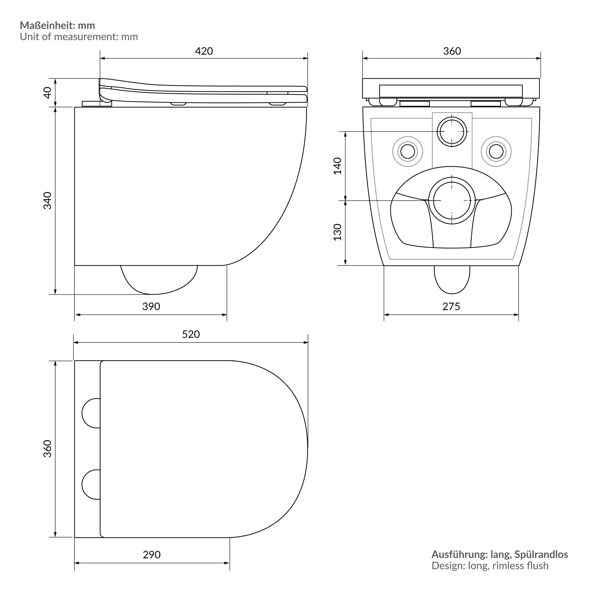 Disegno tecnico di un WC sospeso con indicazioni di misura.