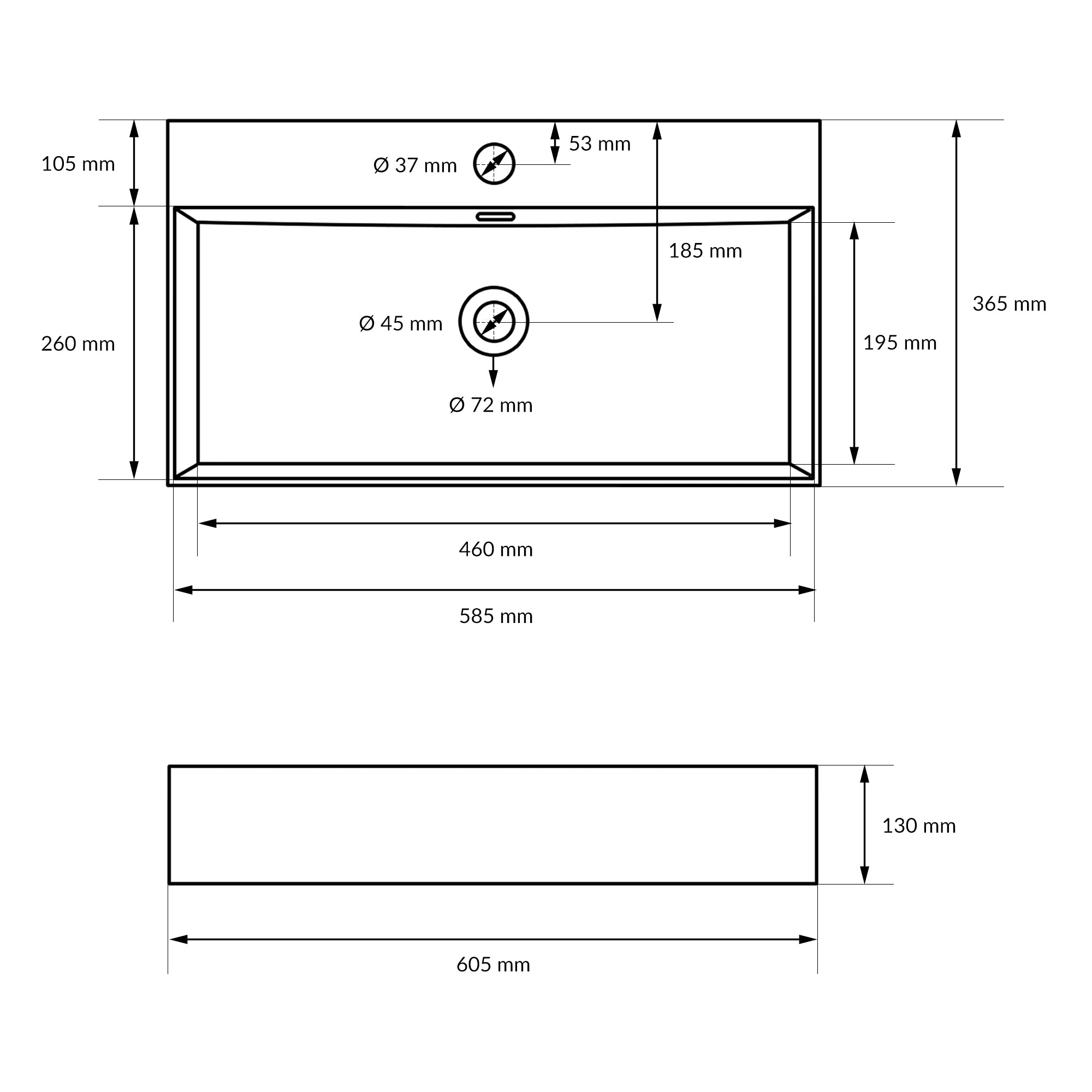 Disegno tecnico di un lavabo con dimensioni e diametri.