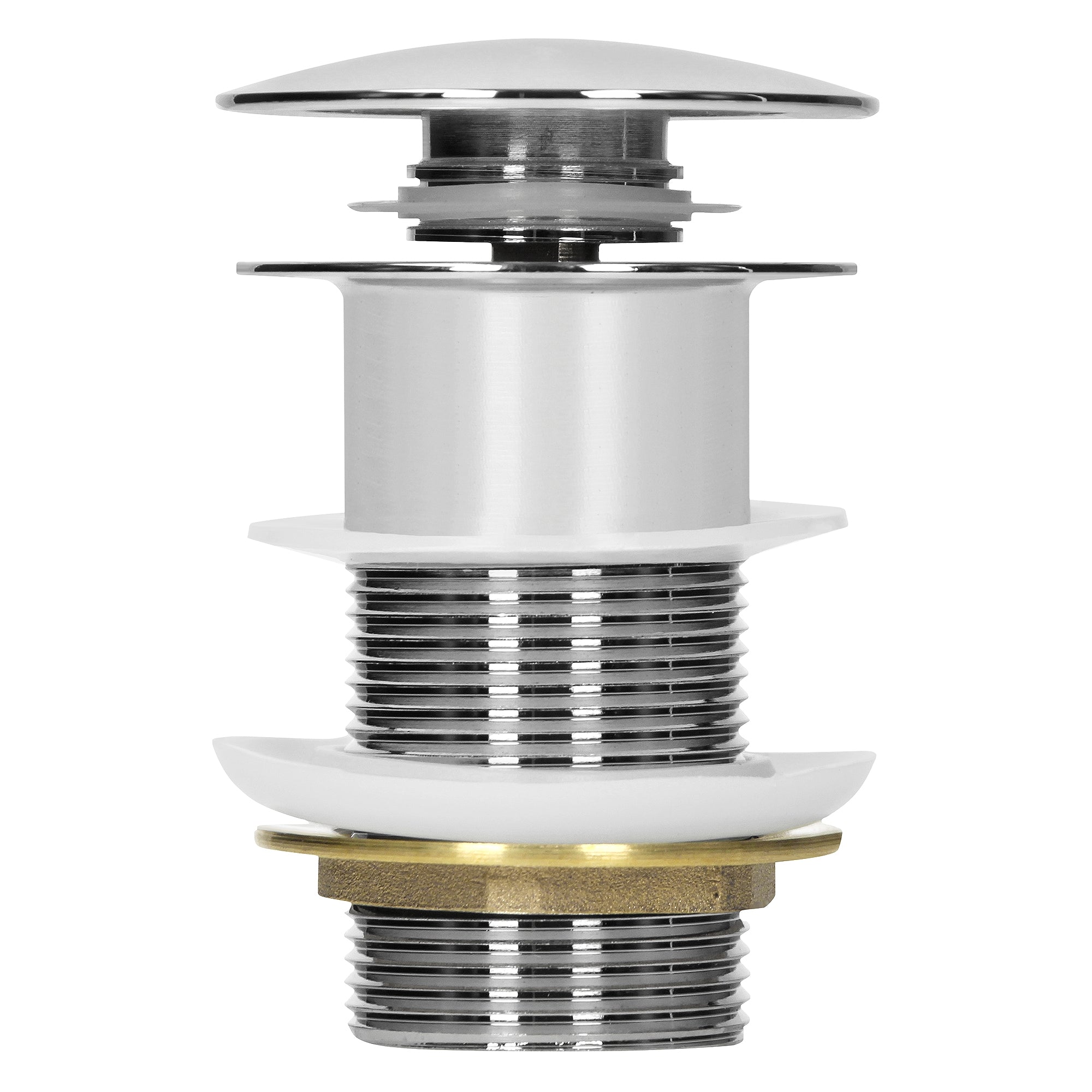 Detail view of a drain with chrome and brass-colored parts.