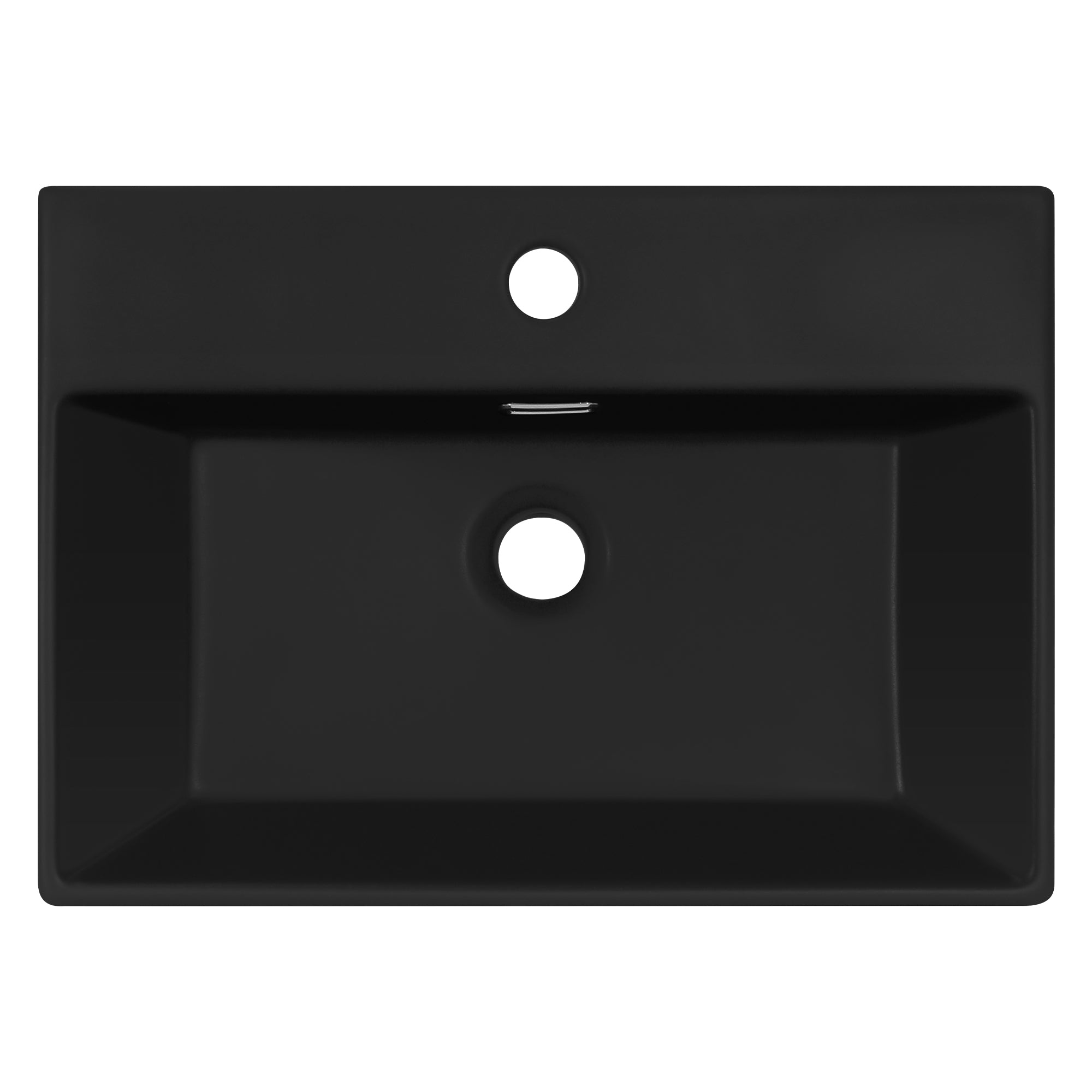 Bovenaanzicht van een zwarte wastafel met een centrale opening.