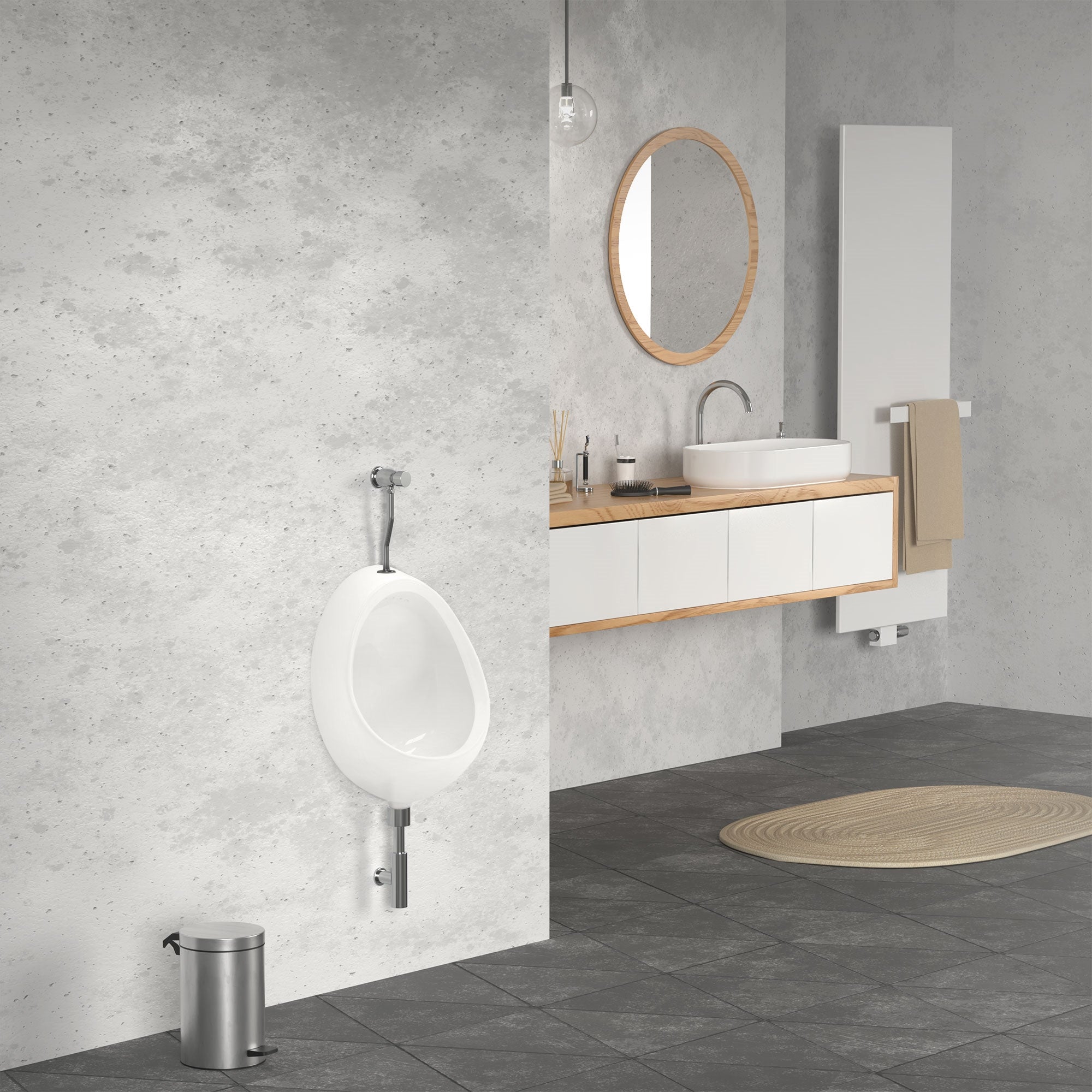Urinal in modernem Badezimmer mit Holzwaschtisch und runder Spiegel.