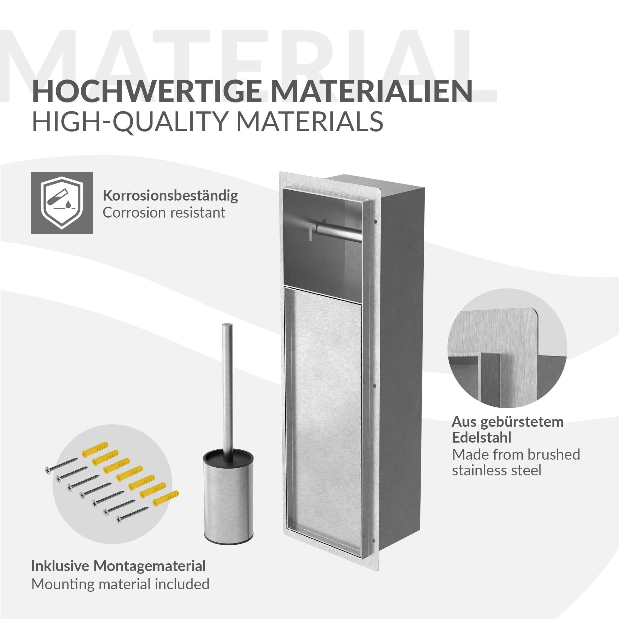 Grafik über hochwertige Materialien eines Toilettenpapierhalters aus Edelstahl.
