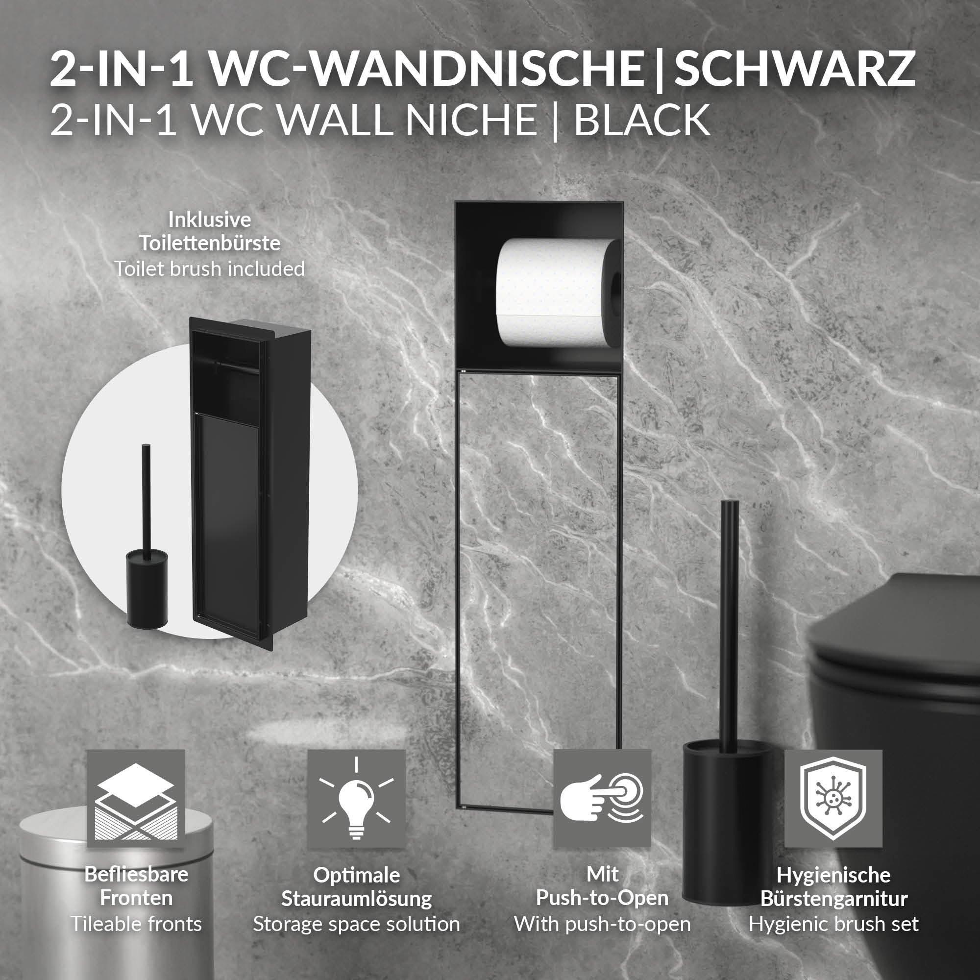 2-in-1 WC-Wandnische in Schwarz mit Halterung für Toilettenpapier und Bürste.