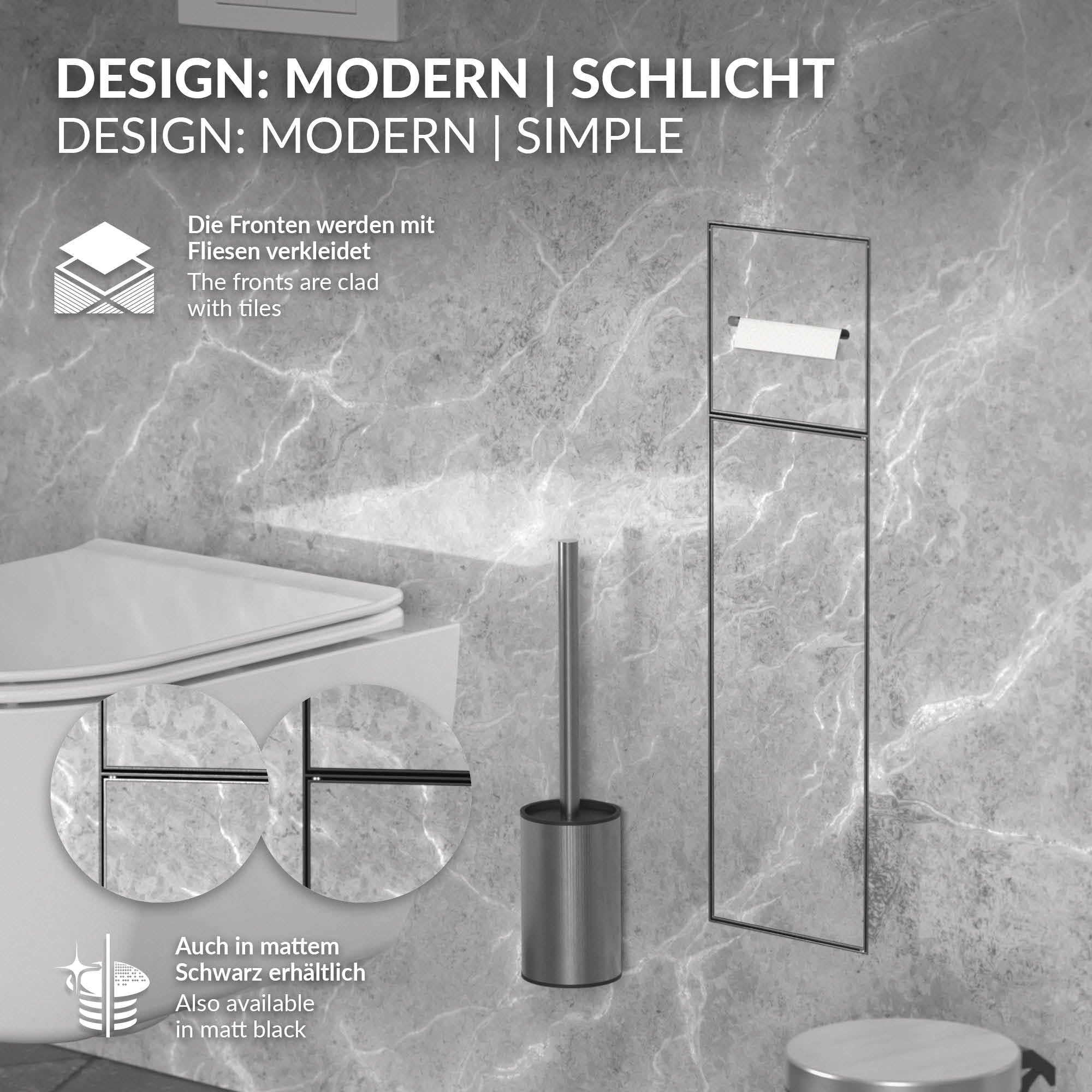 Badezimmer mit modernen Elementen, einschließlich Toilettenbürste und Halterung.