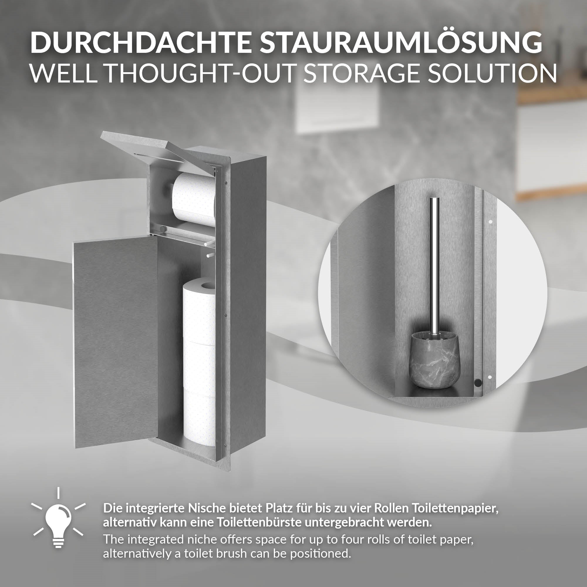 Grauer Toilettenpapierhalter mit Platz für Toilettenbürste.