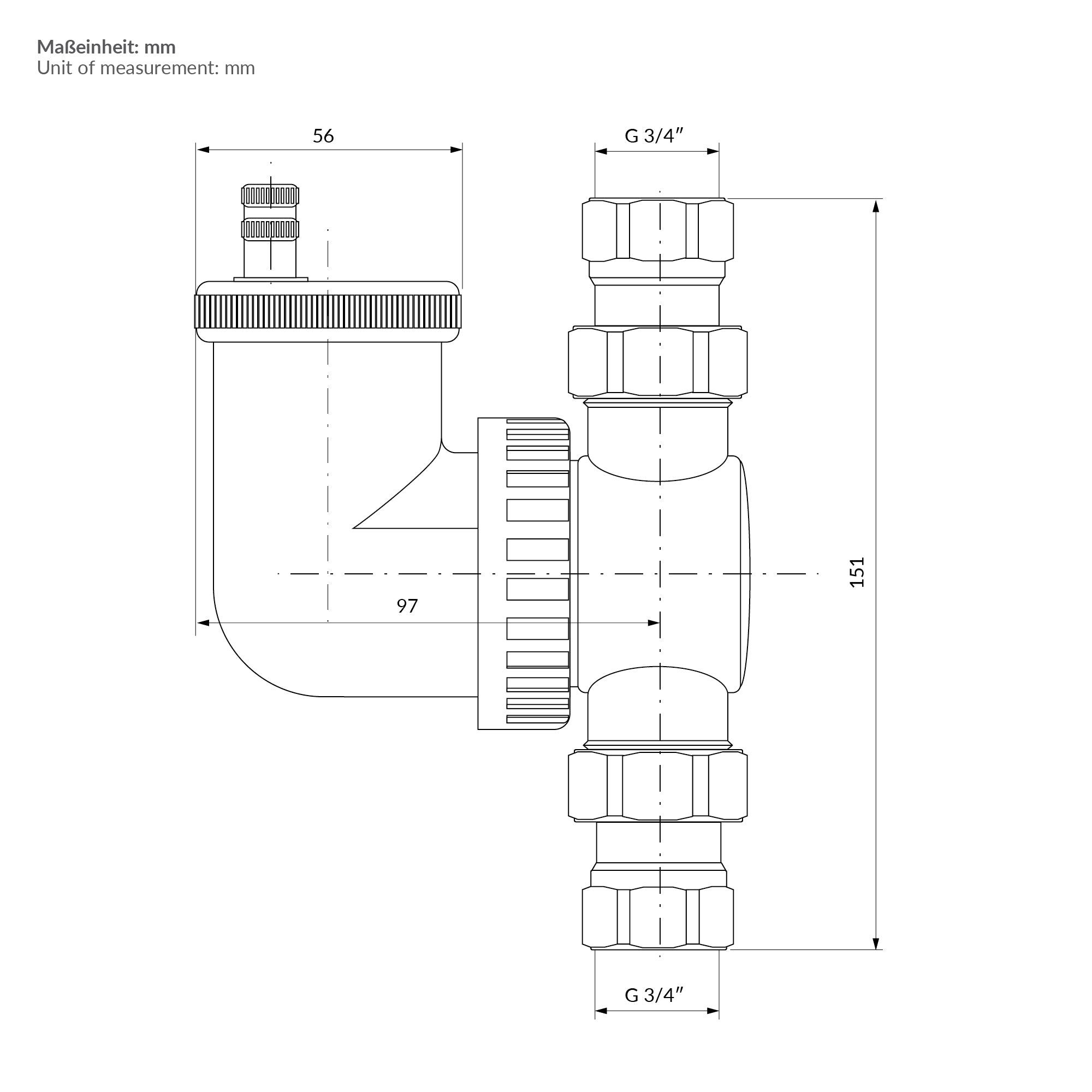 Technische tekening van een leidingaansluiting met afmetingen in millimeters.