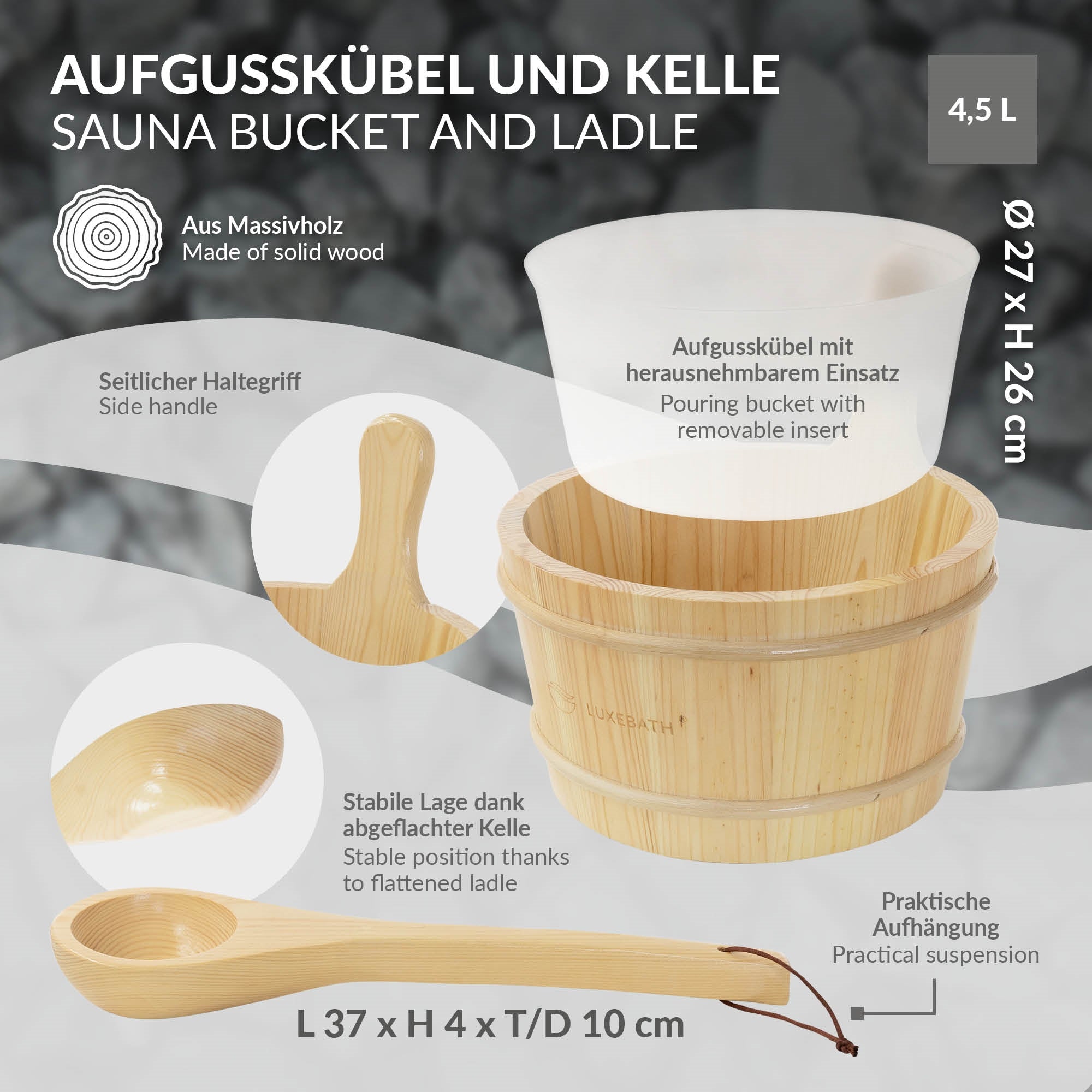 Holzaufgusskübel mit herausnehmbarem Einsatz und Kelle.