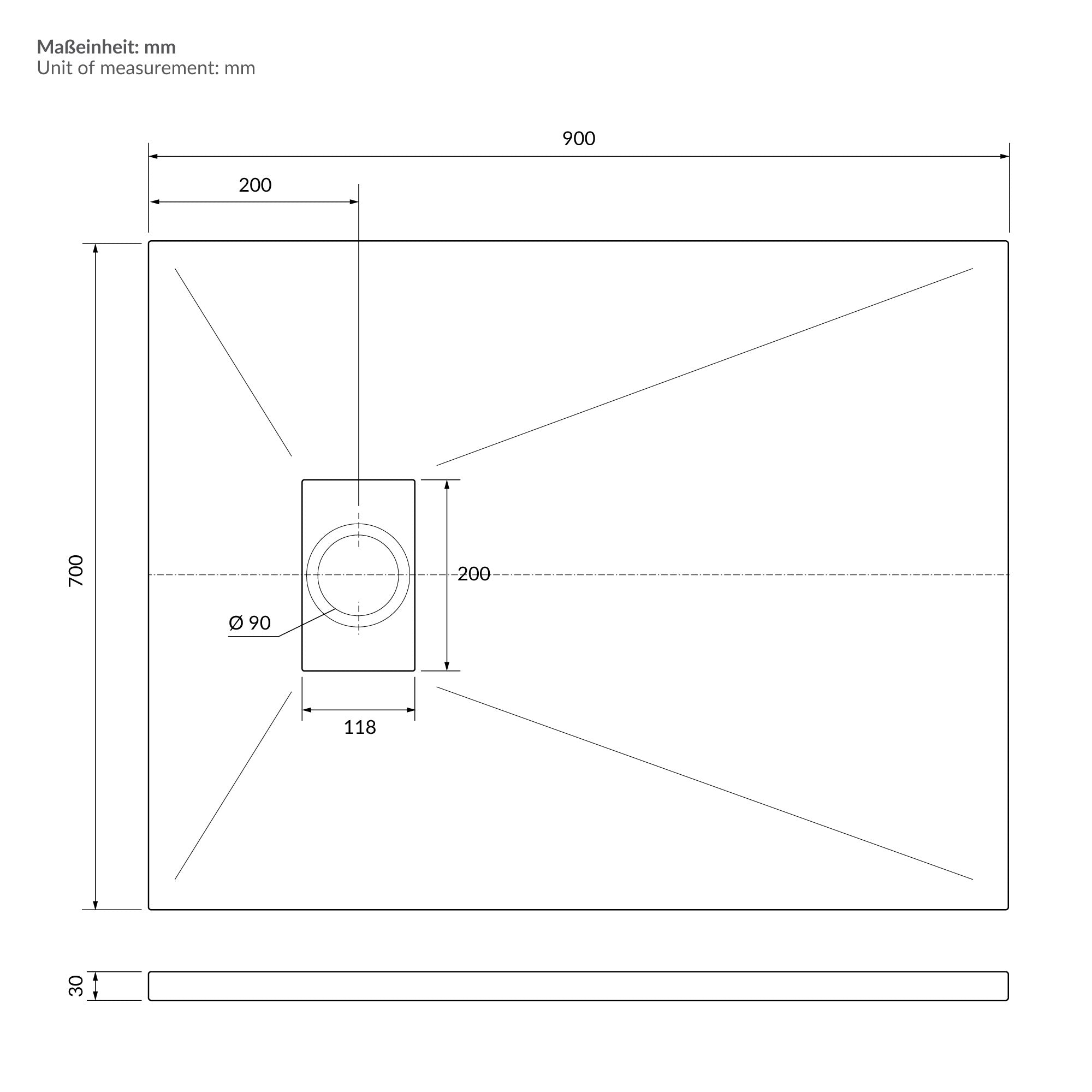 Disegno tecnico di una vasca da doccia con dimensioni in mm.