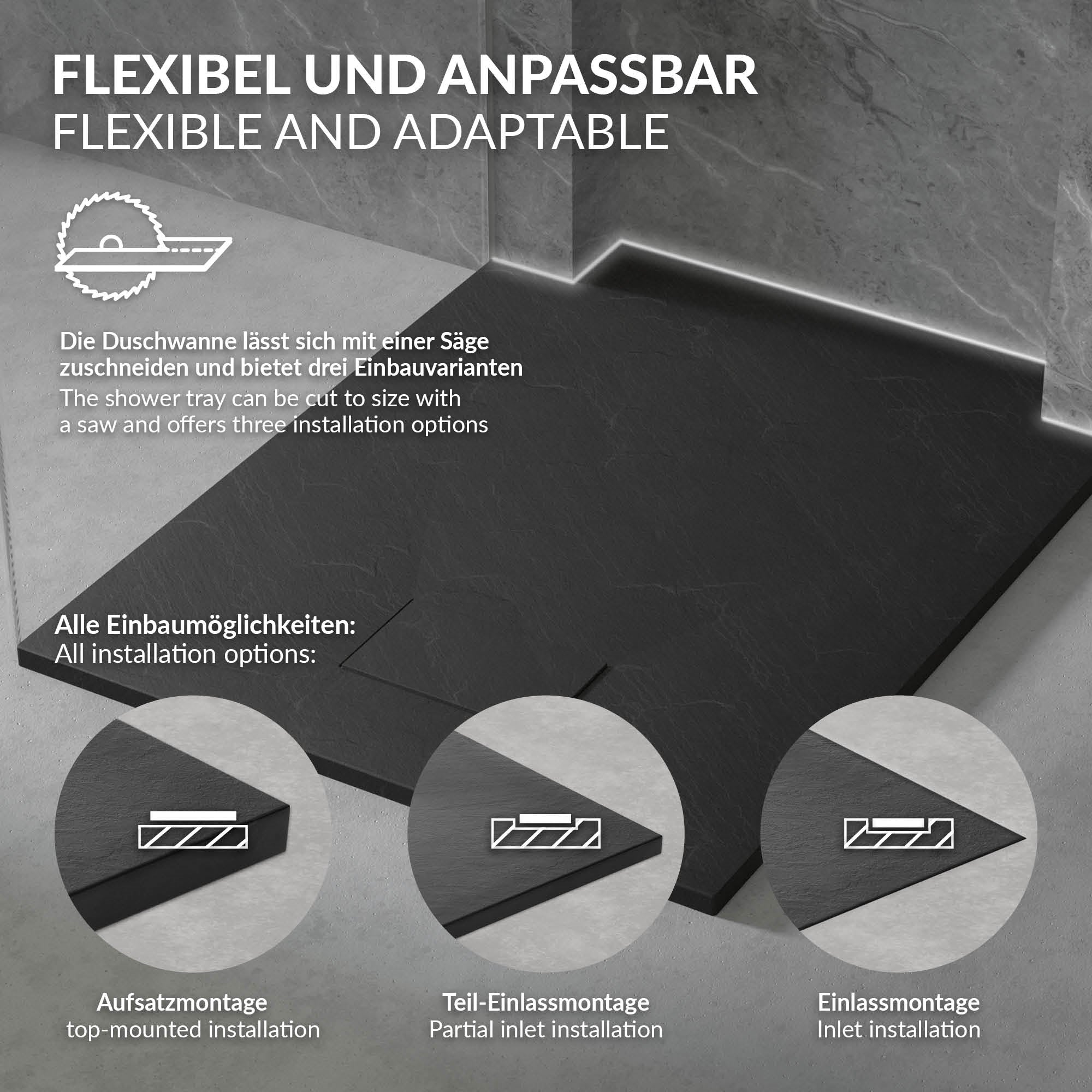 Diagramm mit flexibler Duschwanne und verschiedenen Einbaumöglichkeiten.