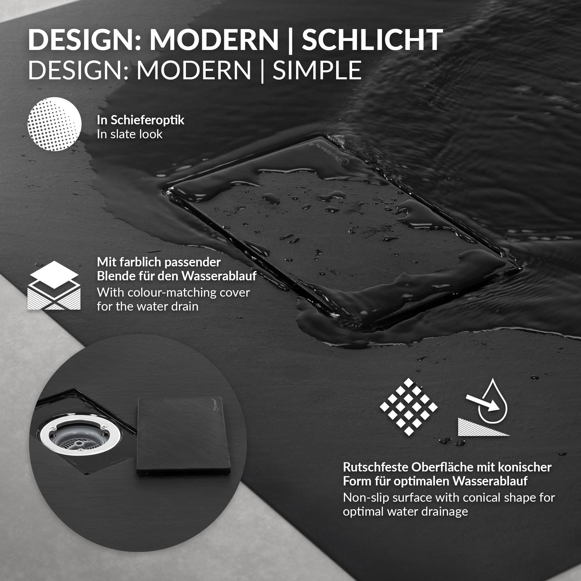Grafik mit Designbeschreibung einer Duschwanne.