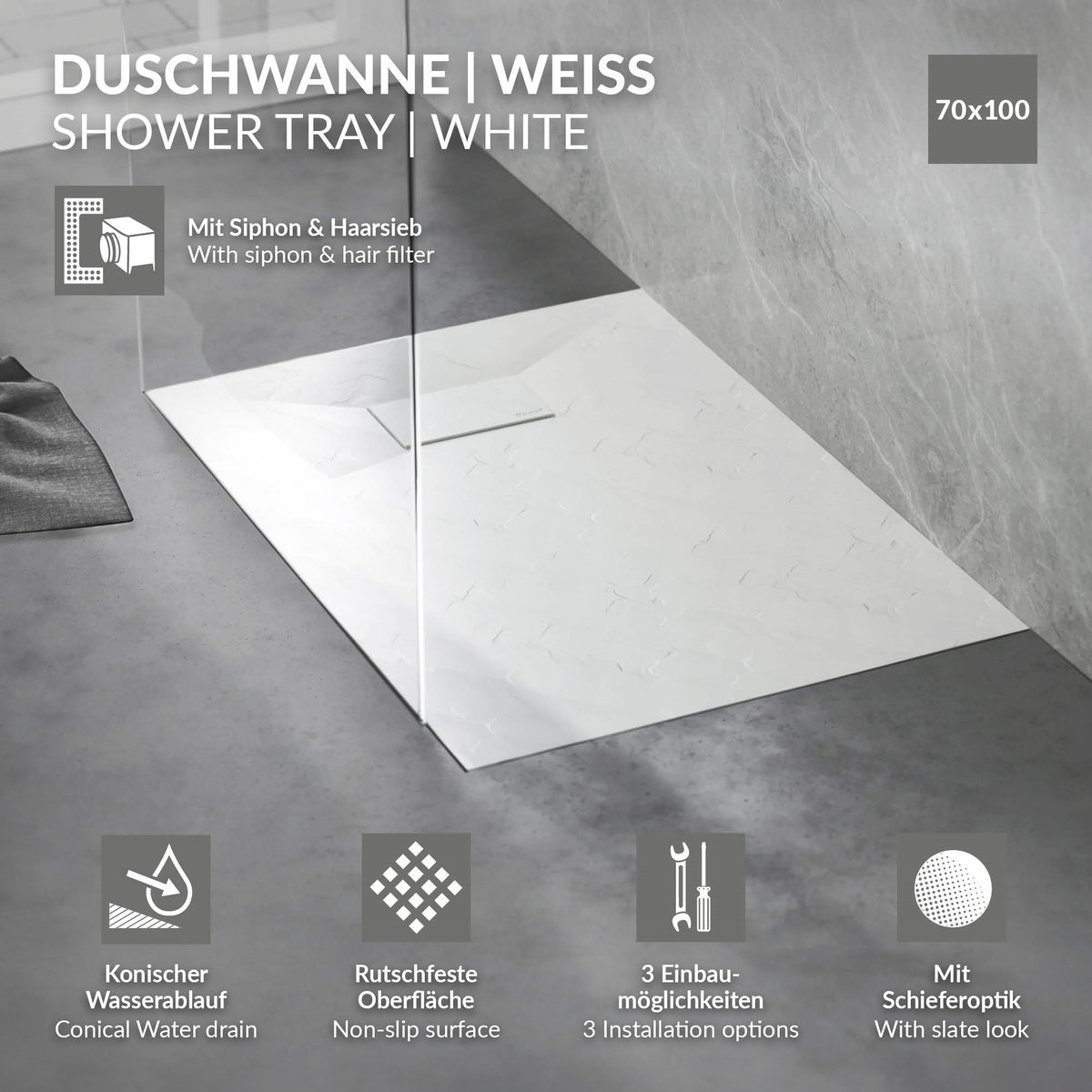 White shower tray with siphon and hair strainer on a gray background.