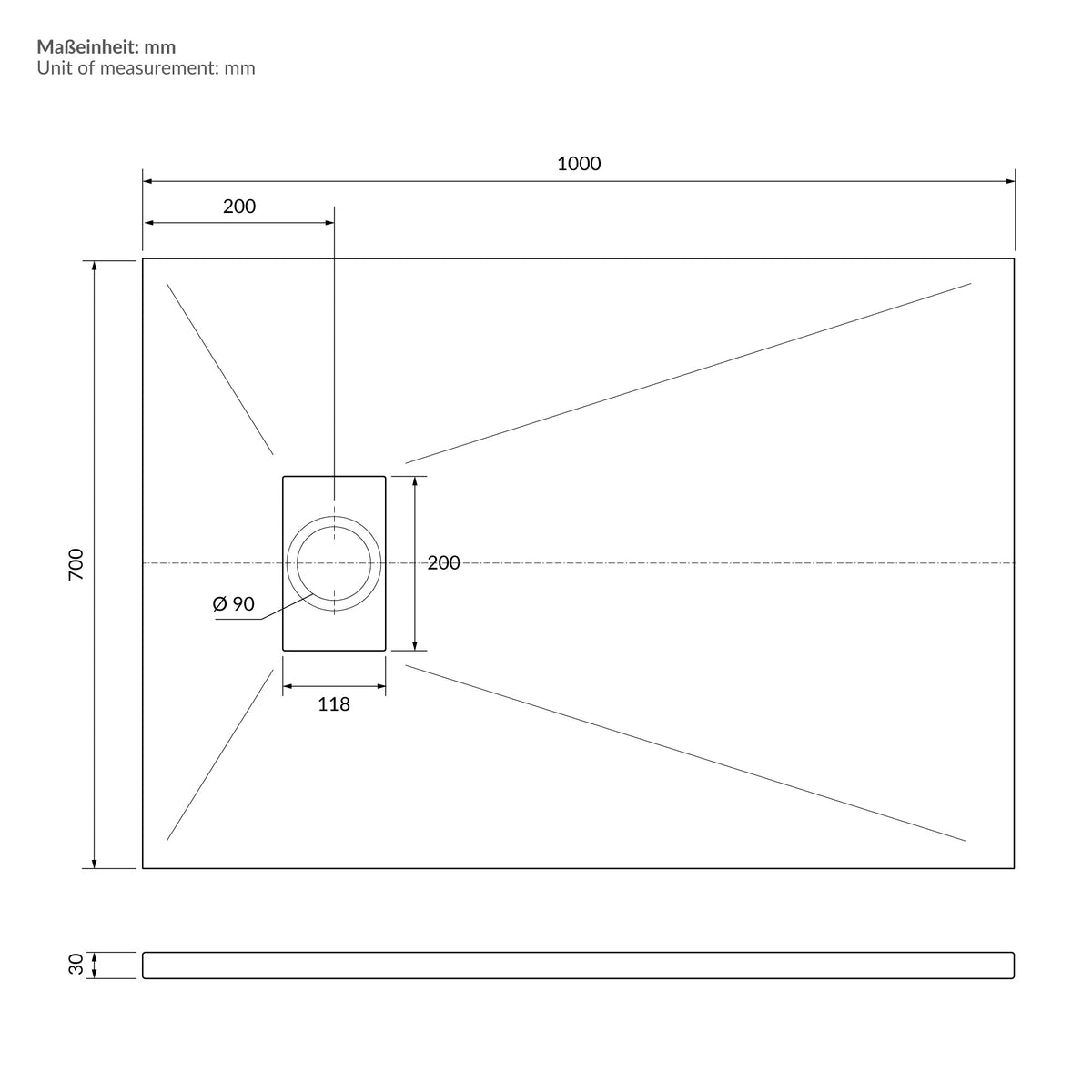 Technical drawing of the shower tray with dimensions in millimeters.