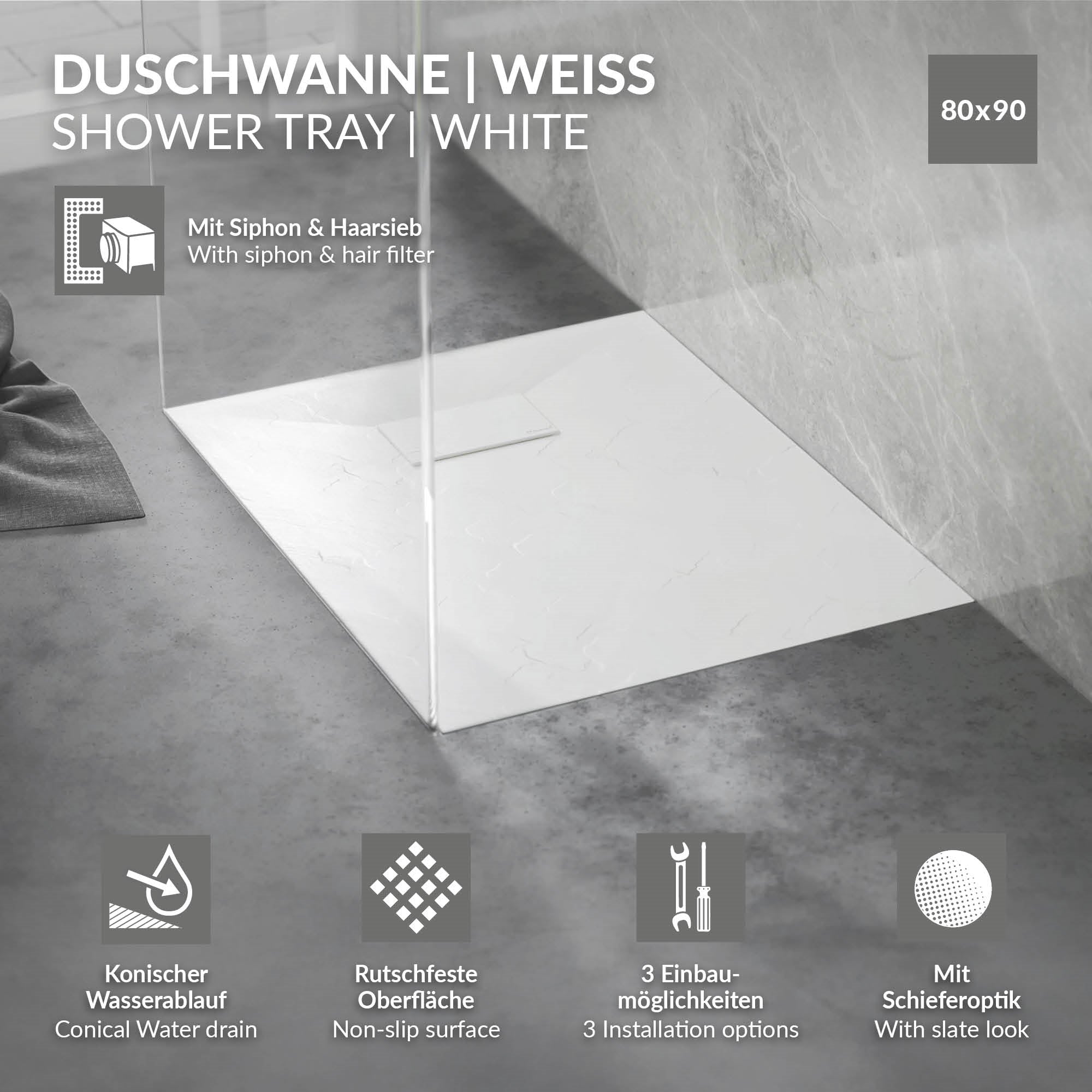 Weiße Duschwanne mit Siphon und Haarfilter, rutschfester Oberfläche.
