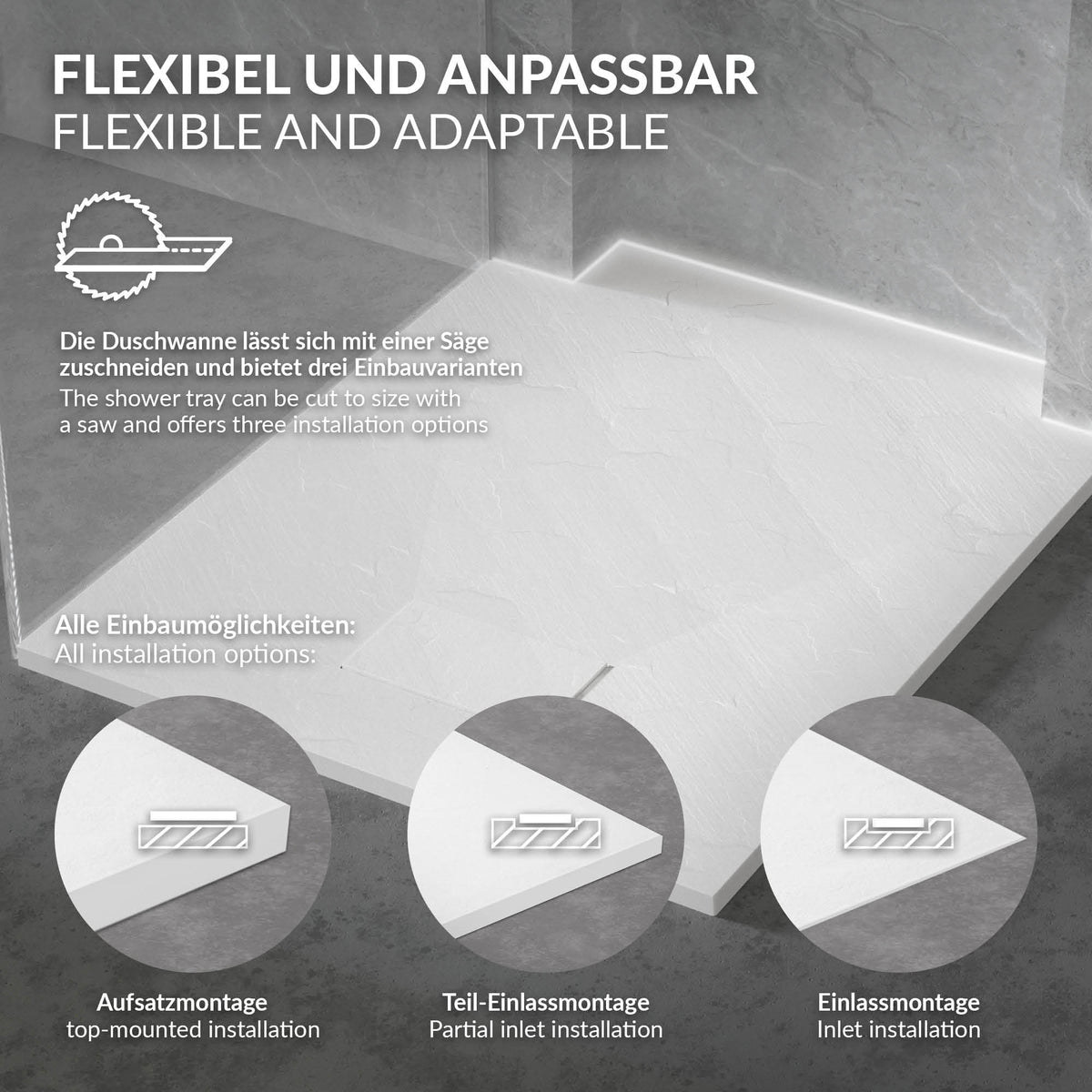 Baignoire de douche avec différentes options d'installation représentées.